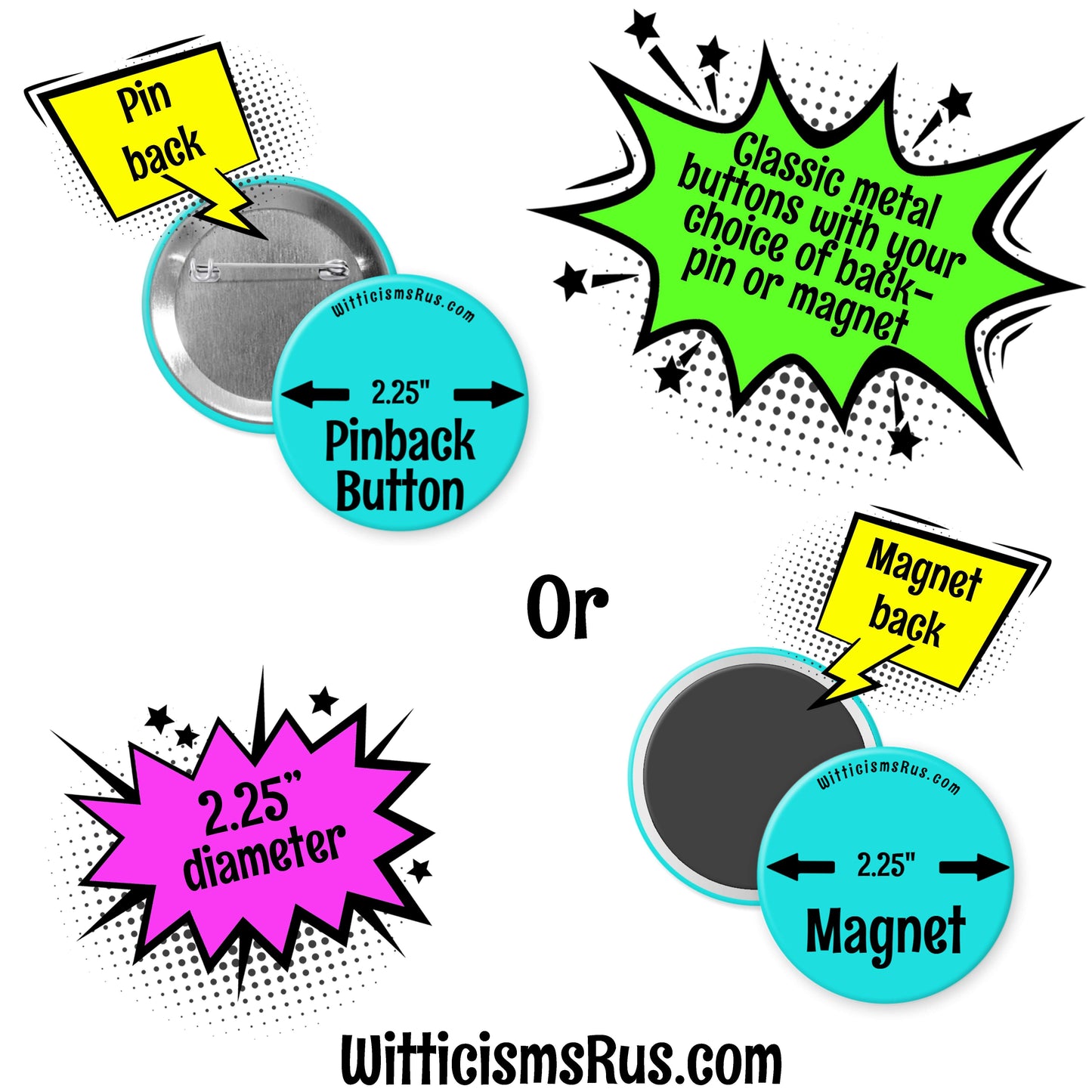 Infographic for 2.25" pinback buttons and magnets with text and website URL.