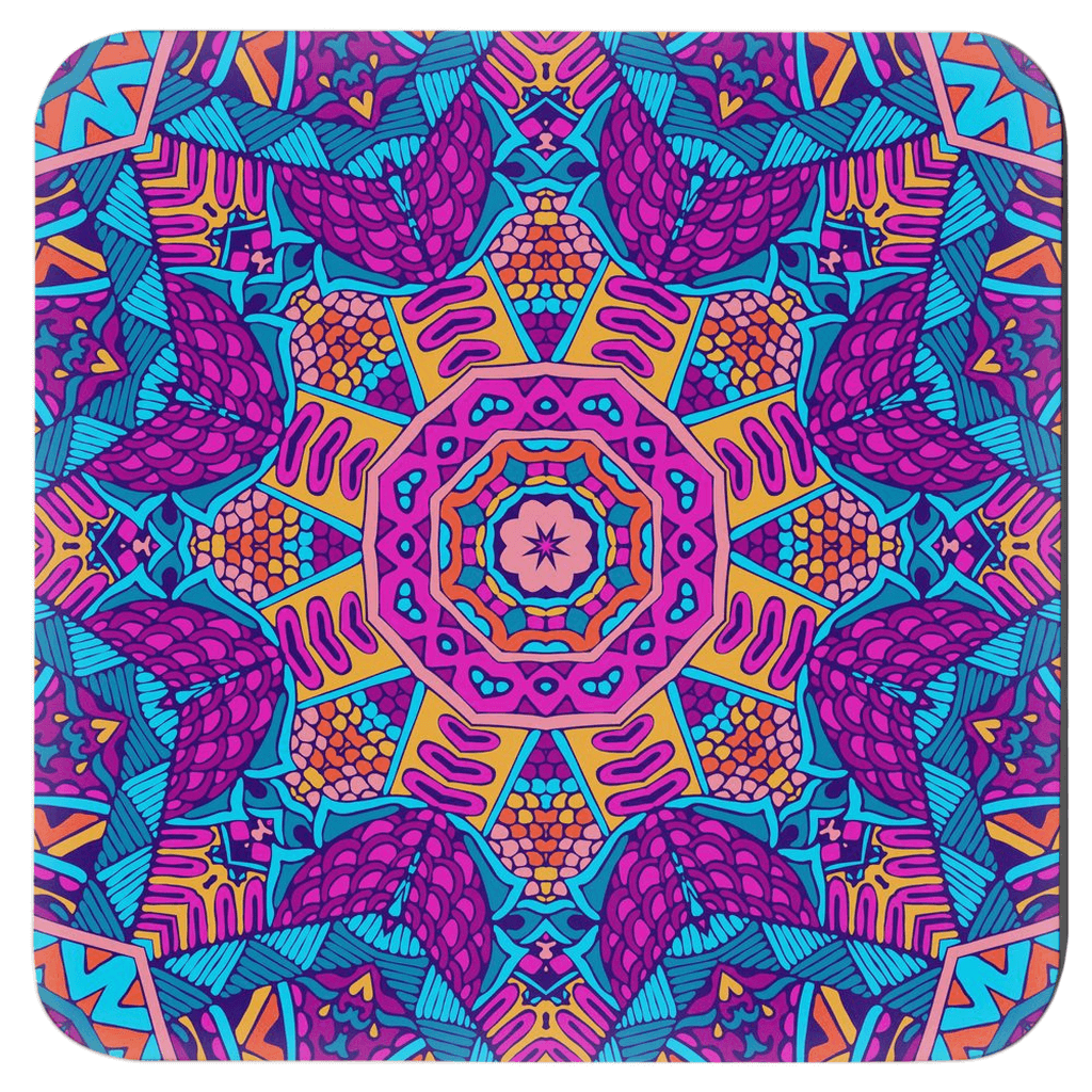 Mandala coaster set or 4 colorful square cork back coasters.