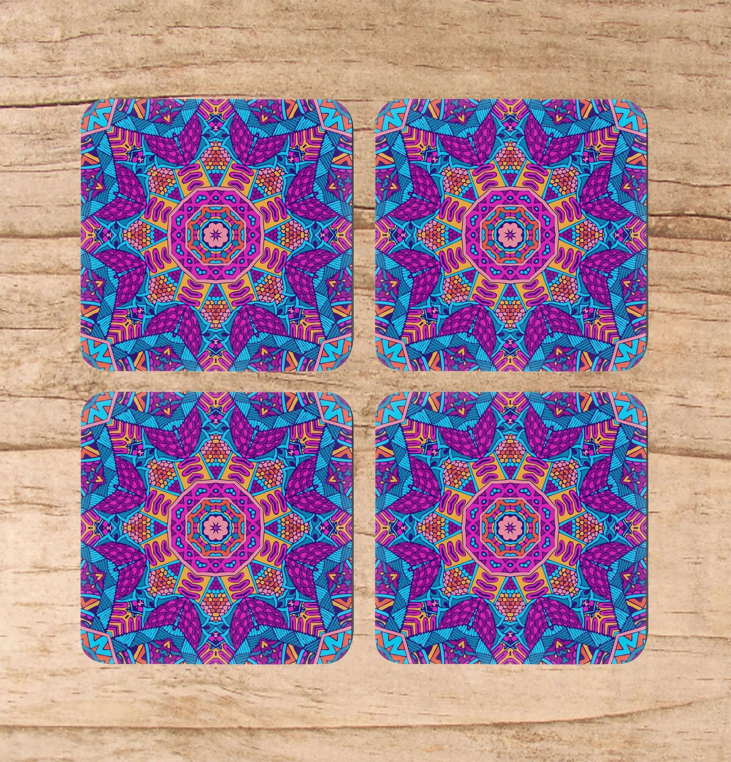 Mandala coaster set or 4 colorful square cork back coasters.