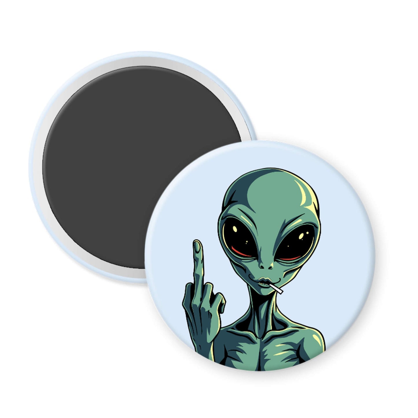 Round magnet with an alien design on a white background