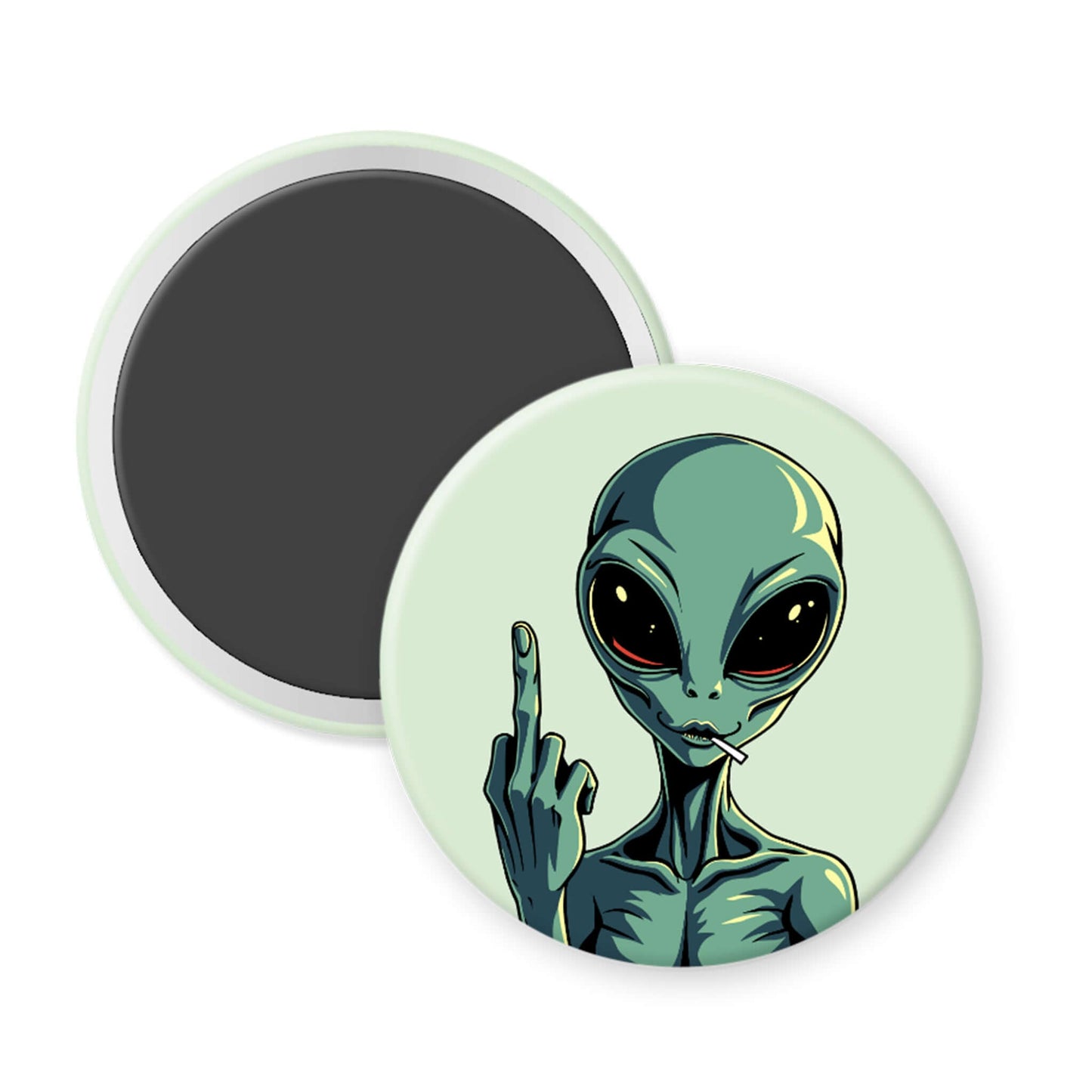 Round magnet with an alien design showing a middle finger on a white background