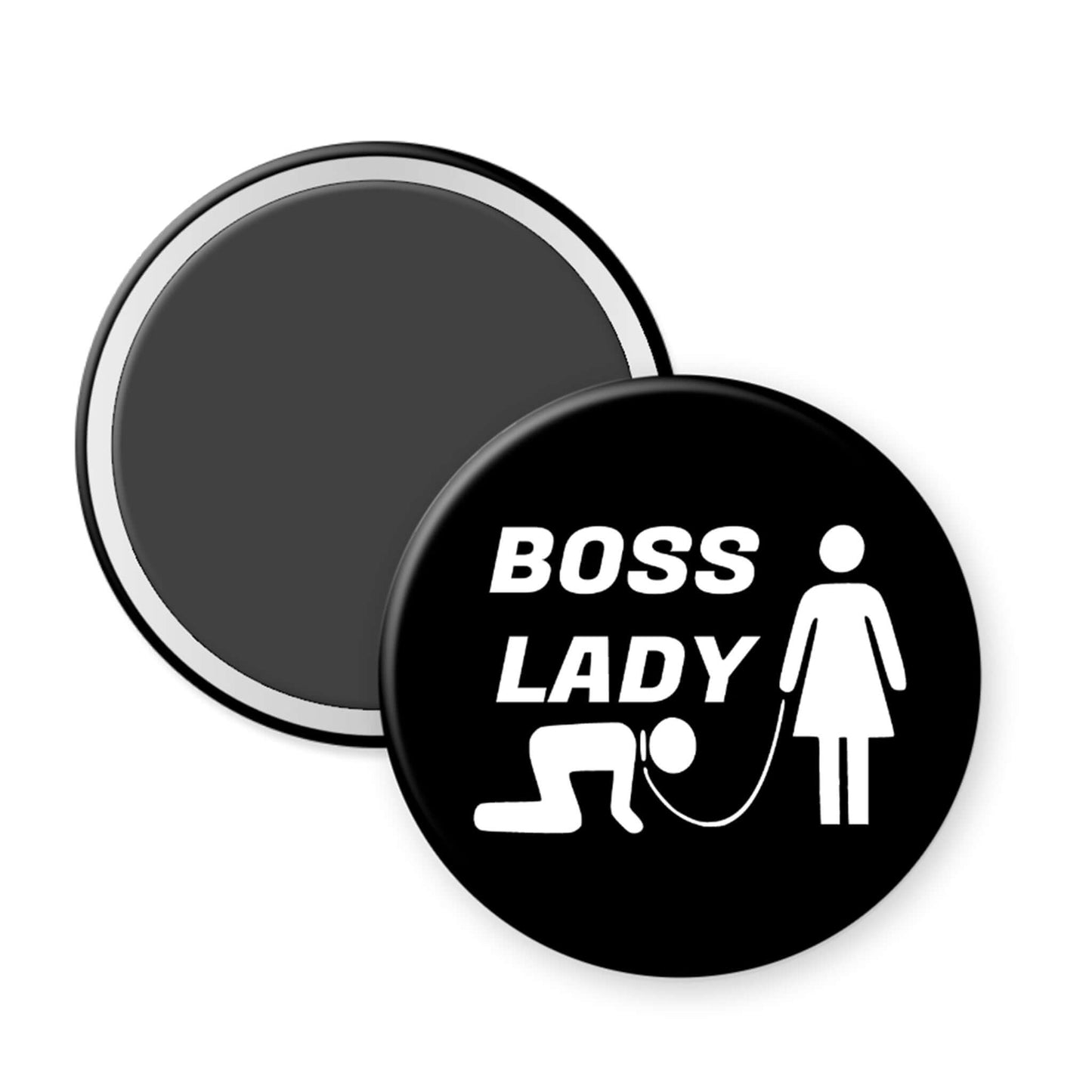 Button magnet with 'BOSS LADY' text and icon on a black background