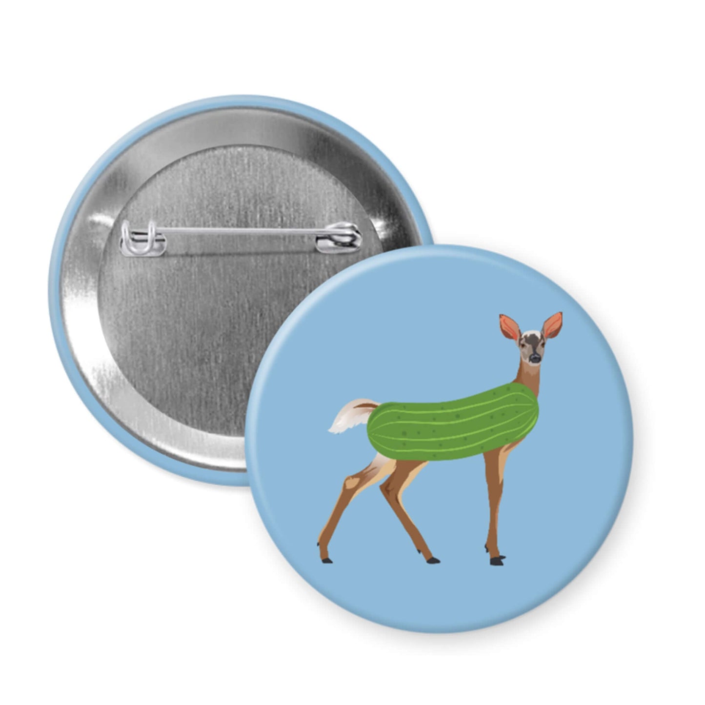 Button badge with a deer wearing a green sweater on a blue background