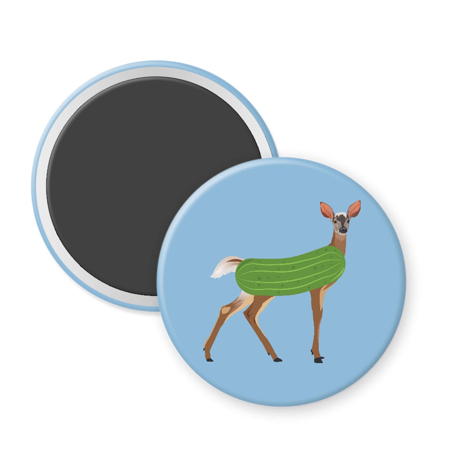 Round magnet with a deer wearing a green sweater on a blue background
