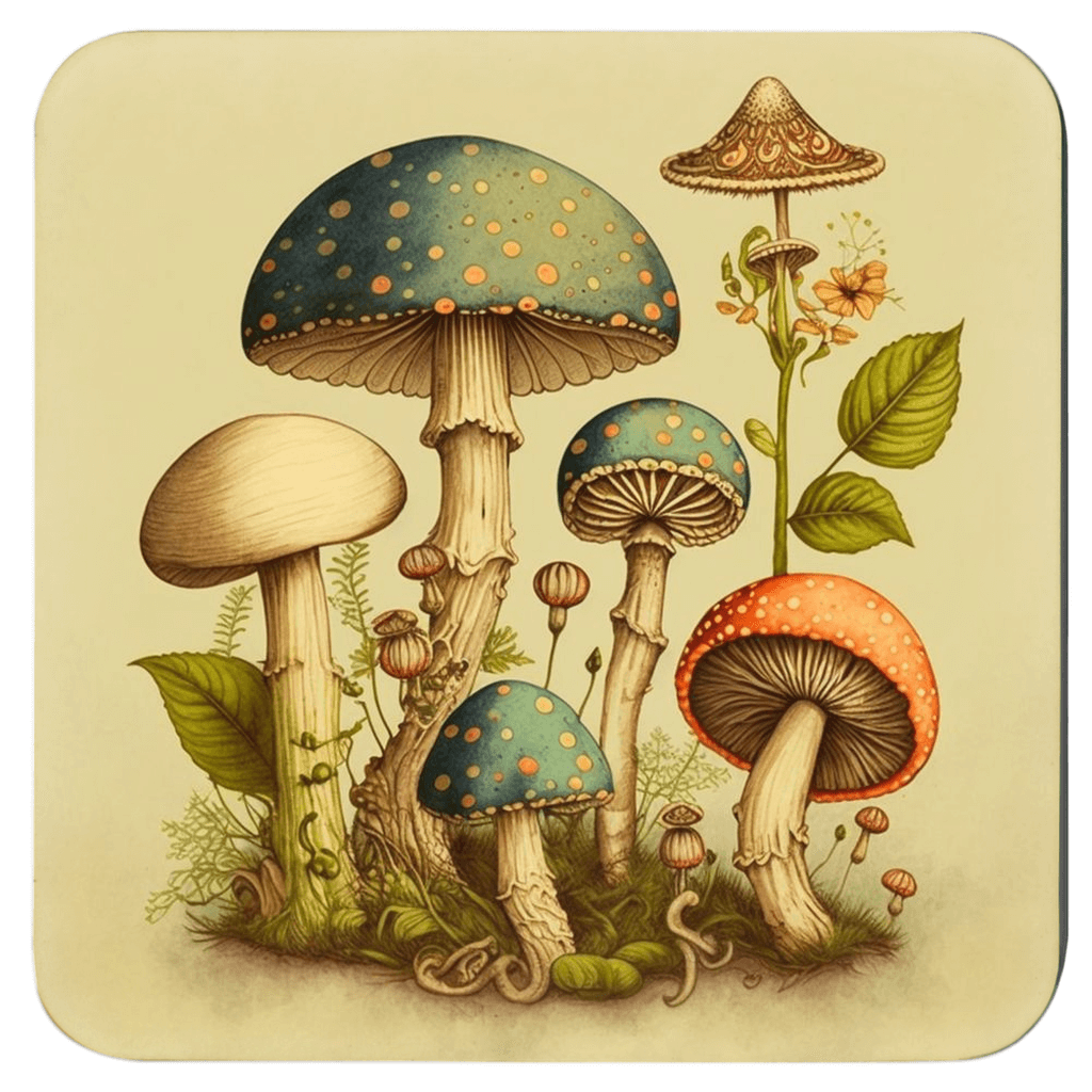 Square cork back coasters with cute retro mushrooms printed on the front