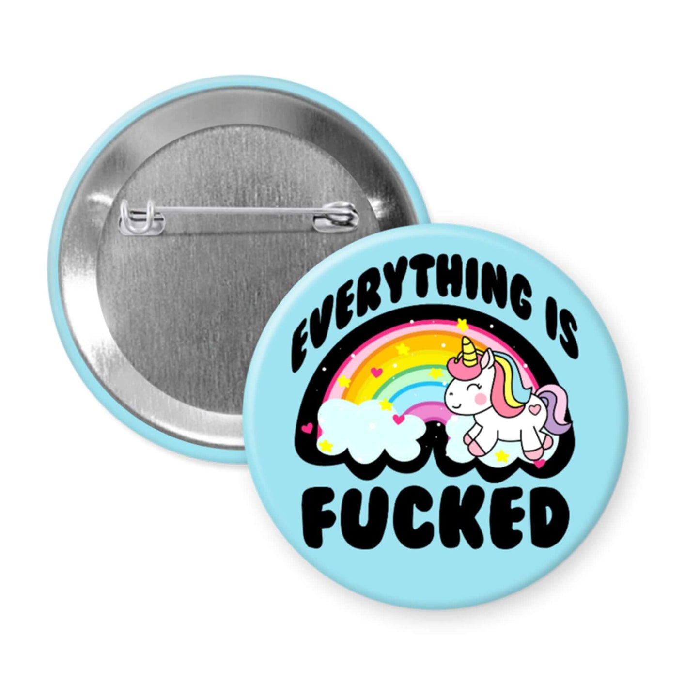 Button badge with unicorn and rainbow design on a light blue background