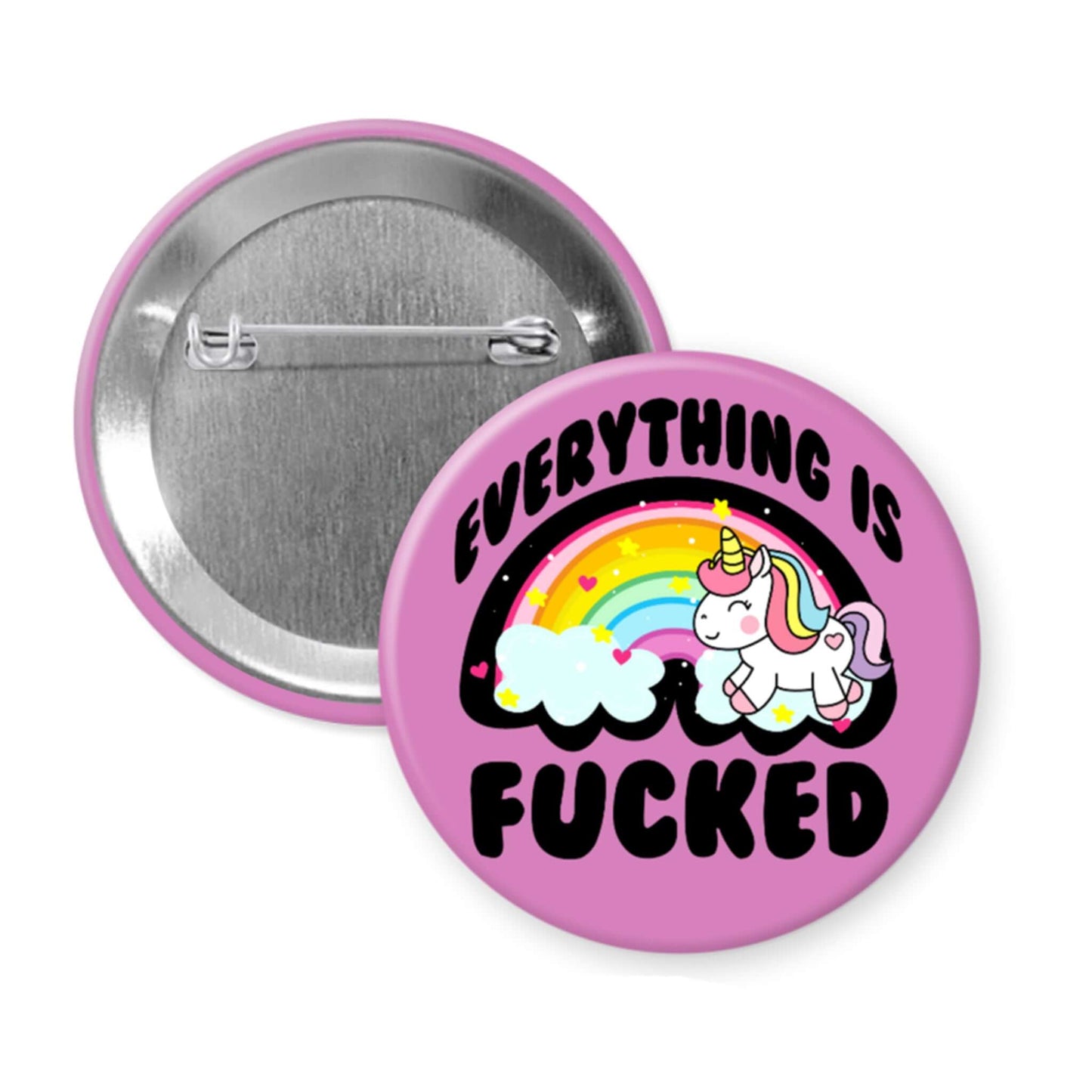 Pink button badge with unicorn and rainbow design on a white background