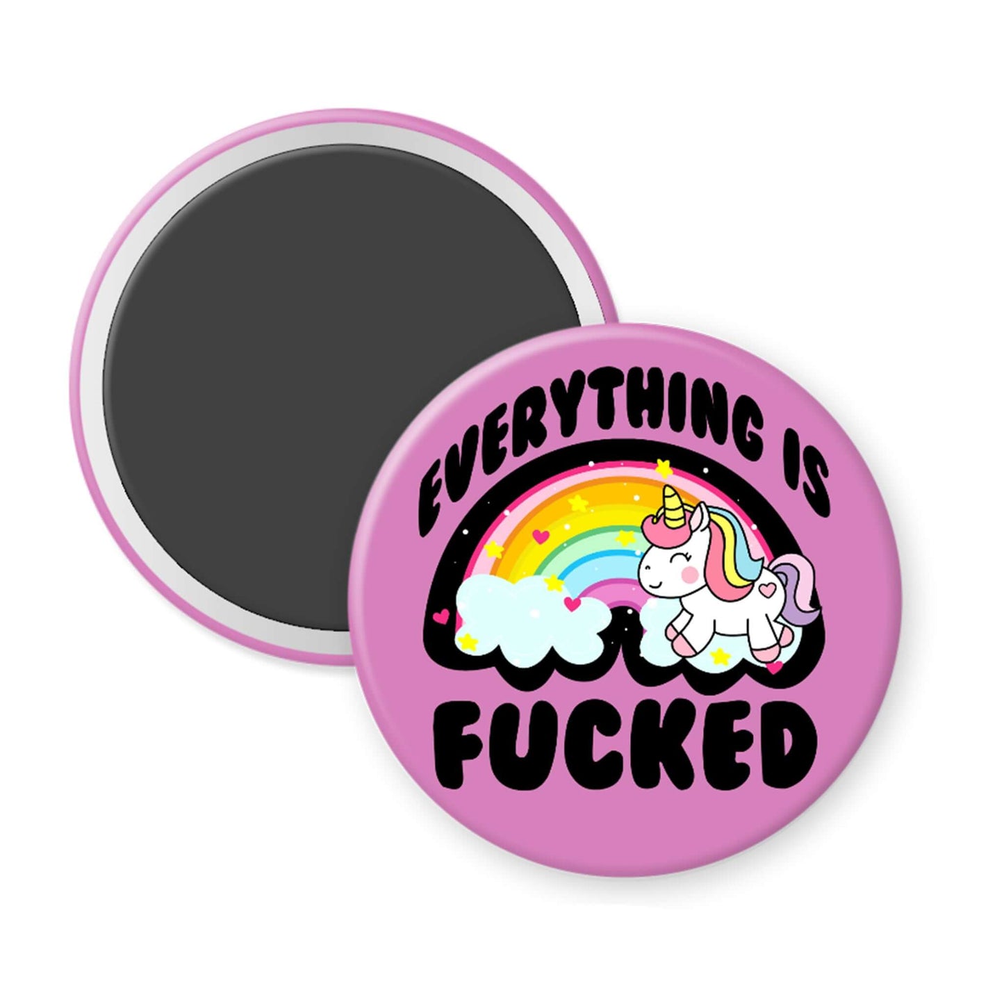 Pink button with unicorn and rainbow design on a white background