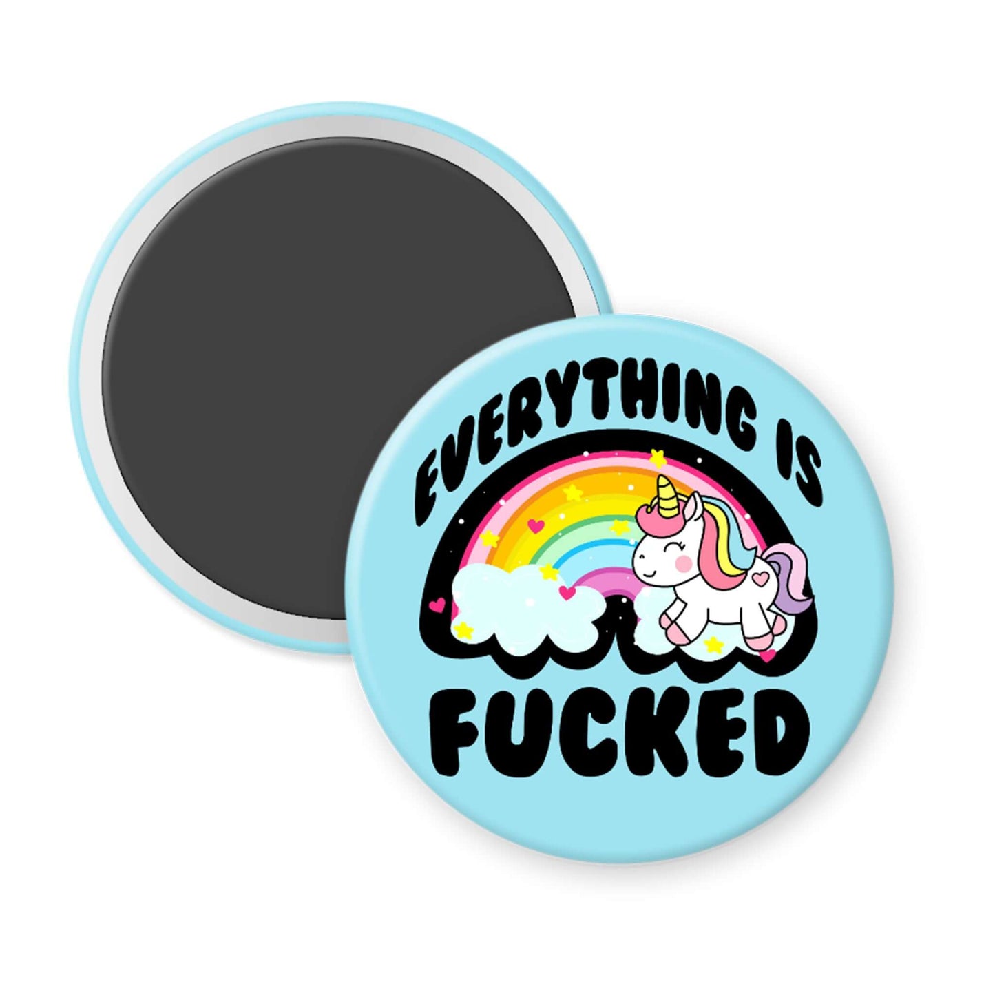 Round blue magnet with a unicorn and rainbow design on a white background