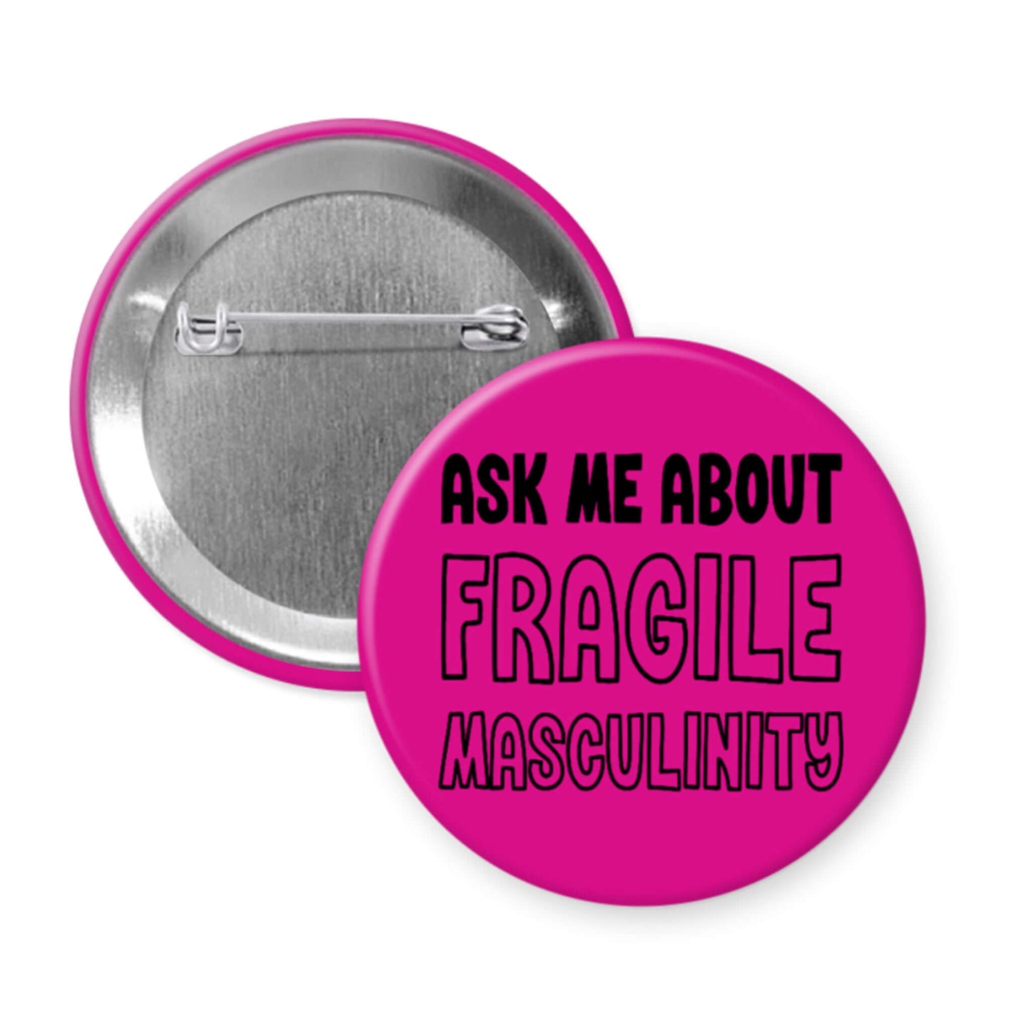 Pink button with text 'Ask me about Fragile Masculinity' on a white background