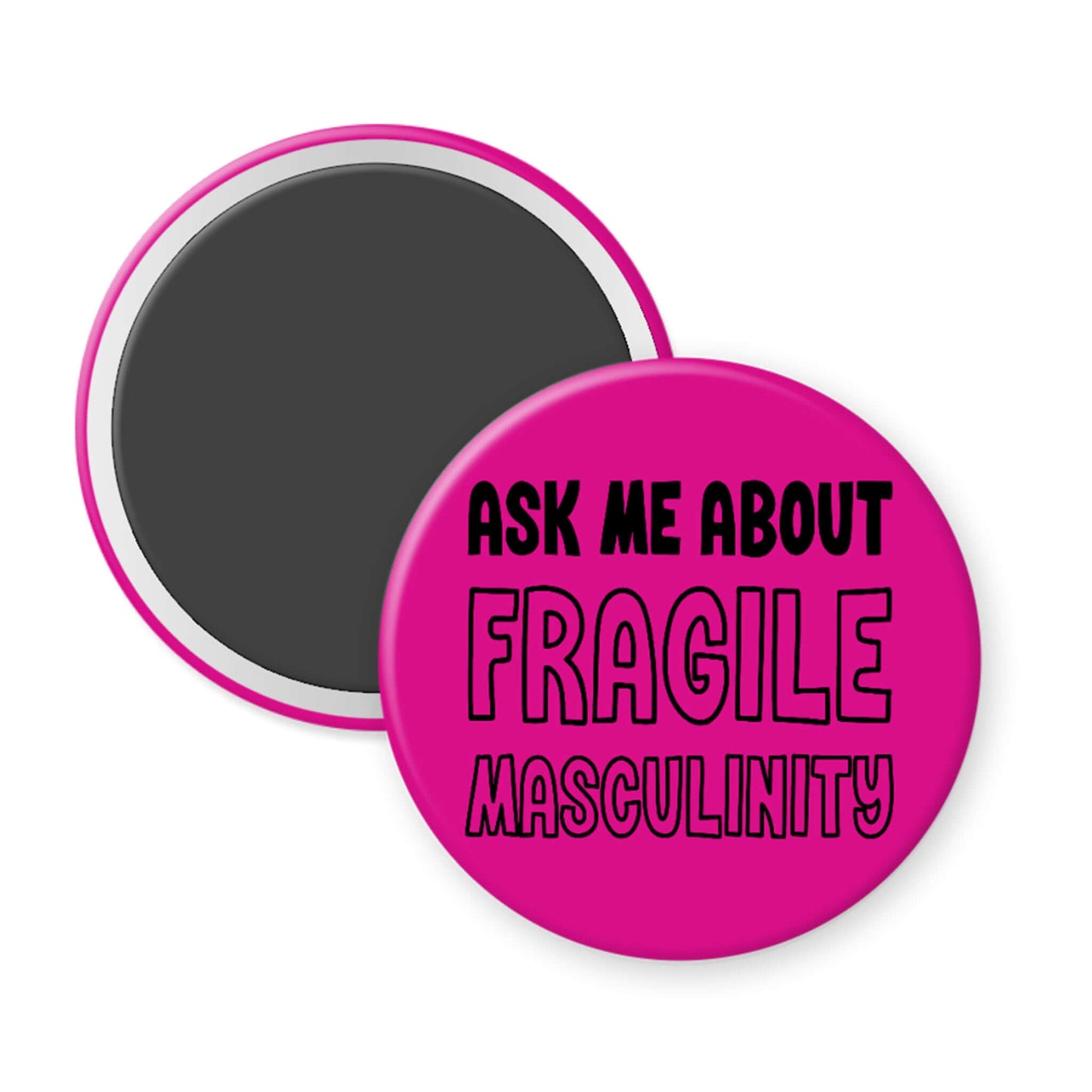 Pink button with black text 'Ask Me About Fragile Masculinity' on a white background