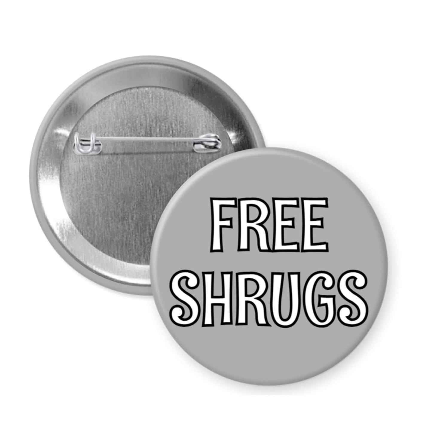 Button badge with 'FREE SHRUGS' text on a white background