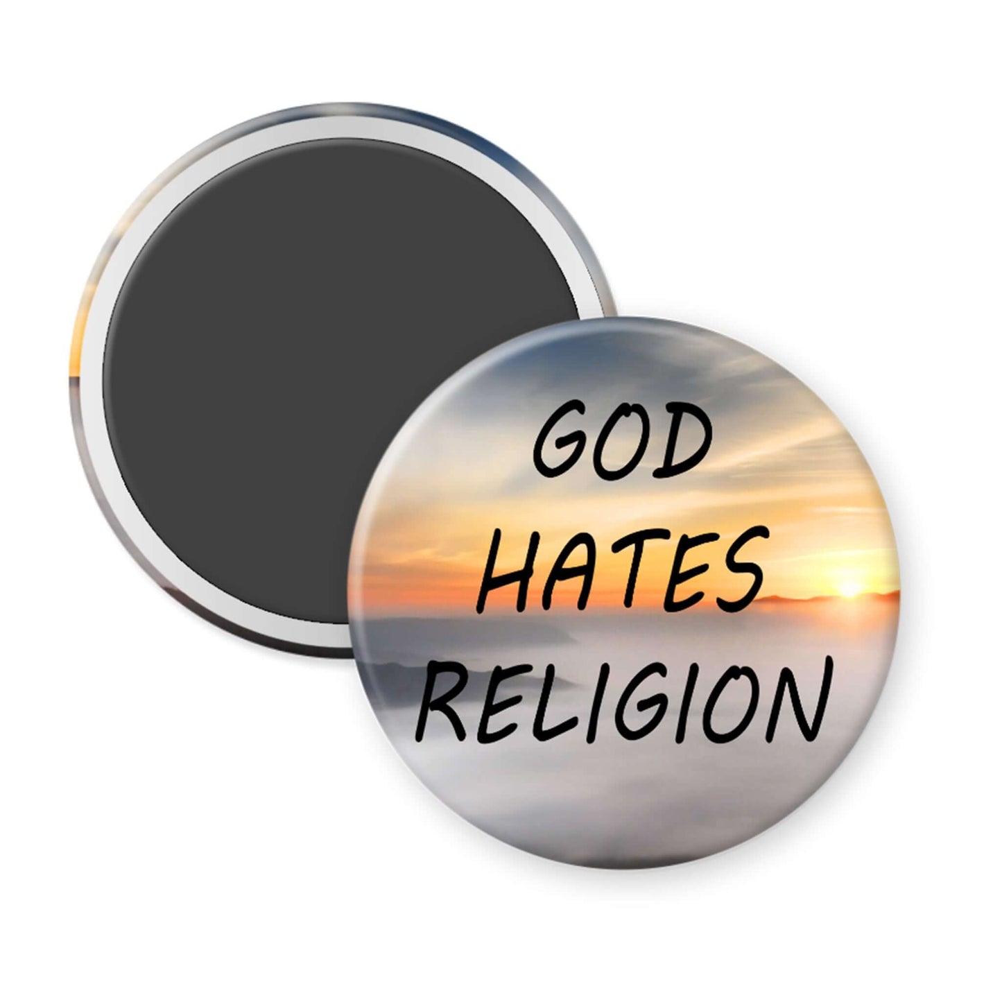 Button with 'GOD HATES RELIGION' text over a sunset background