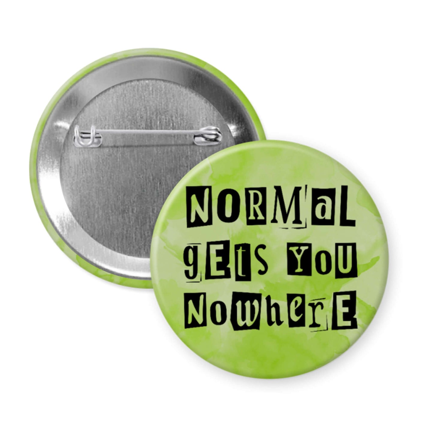 Green button with text 'NORMAL GETS YOU NOWHERE' on a white background