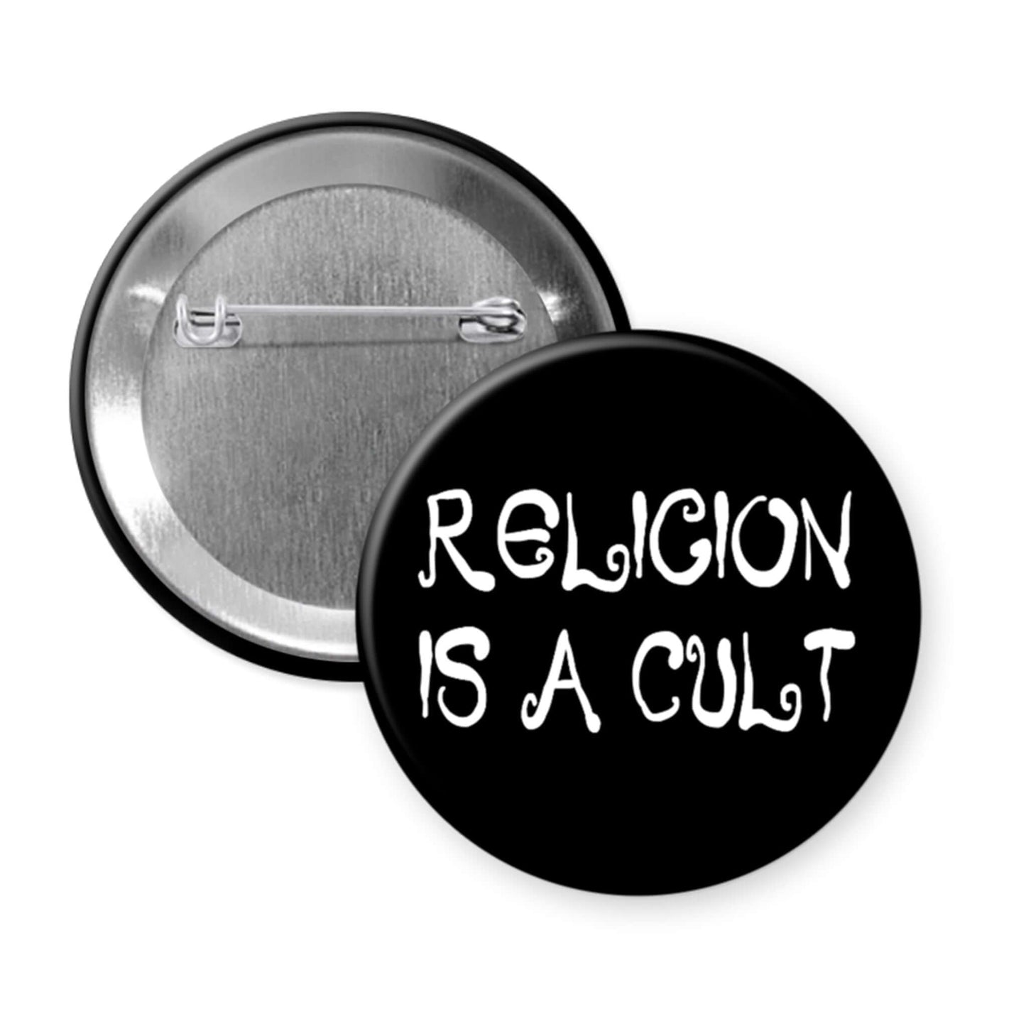 Button badge with 'RELIGION IS A CULT' text on a black background
