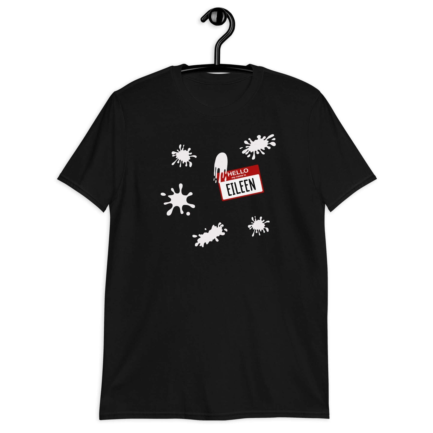 Black t-shirt with Eileen name tag and white splatters printed on the front.