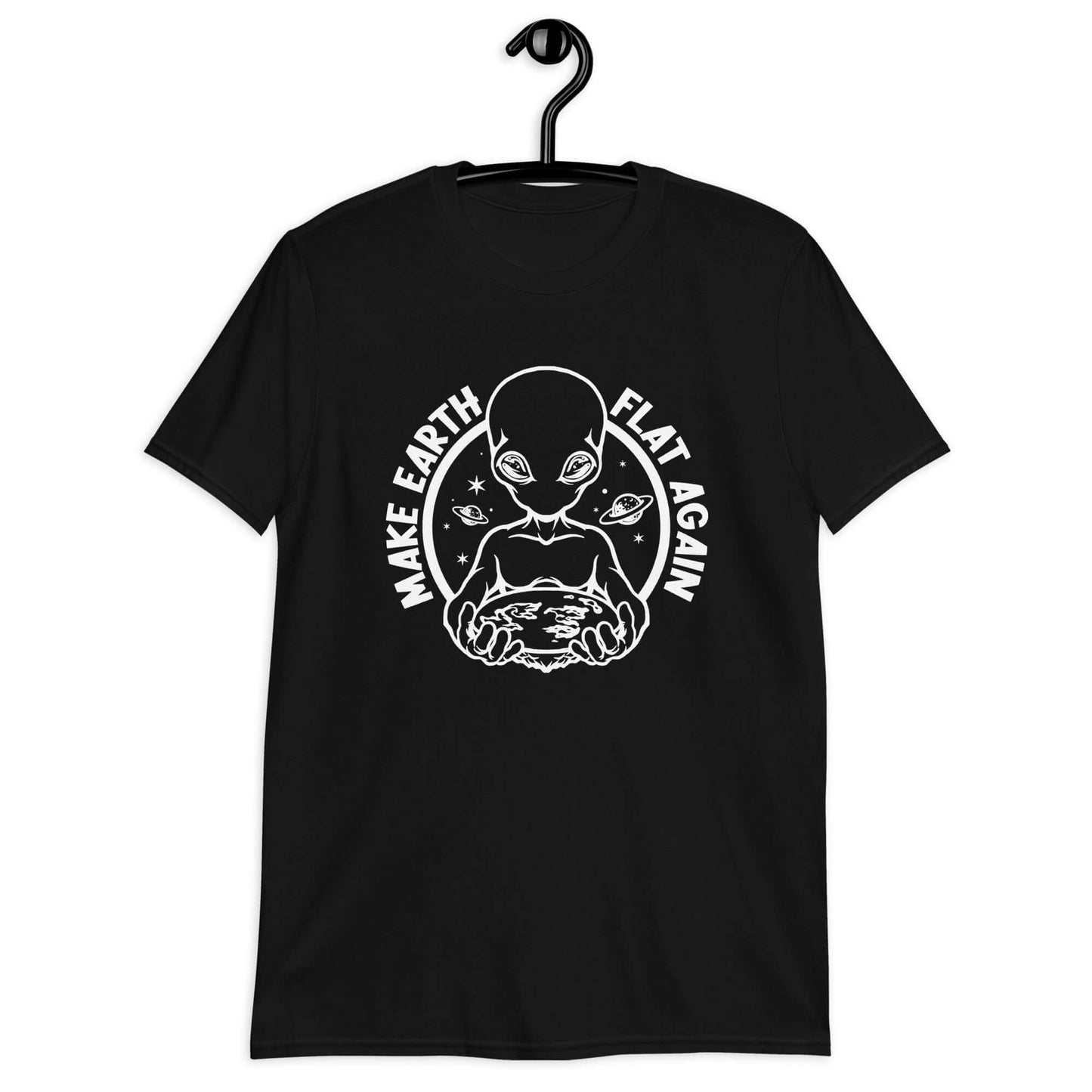 Black t-shirt with an image of an alien holding flat earth and the phrase Make earth flat again printed on the front.