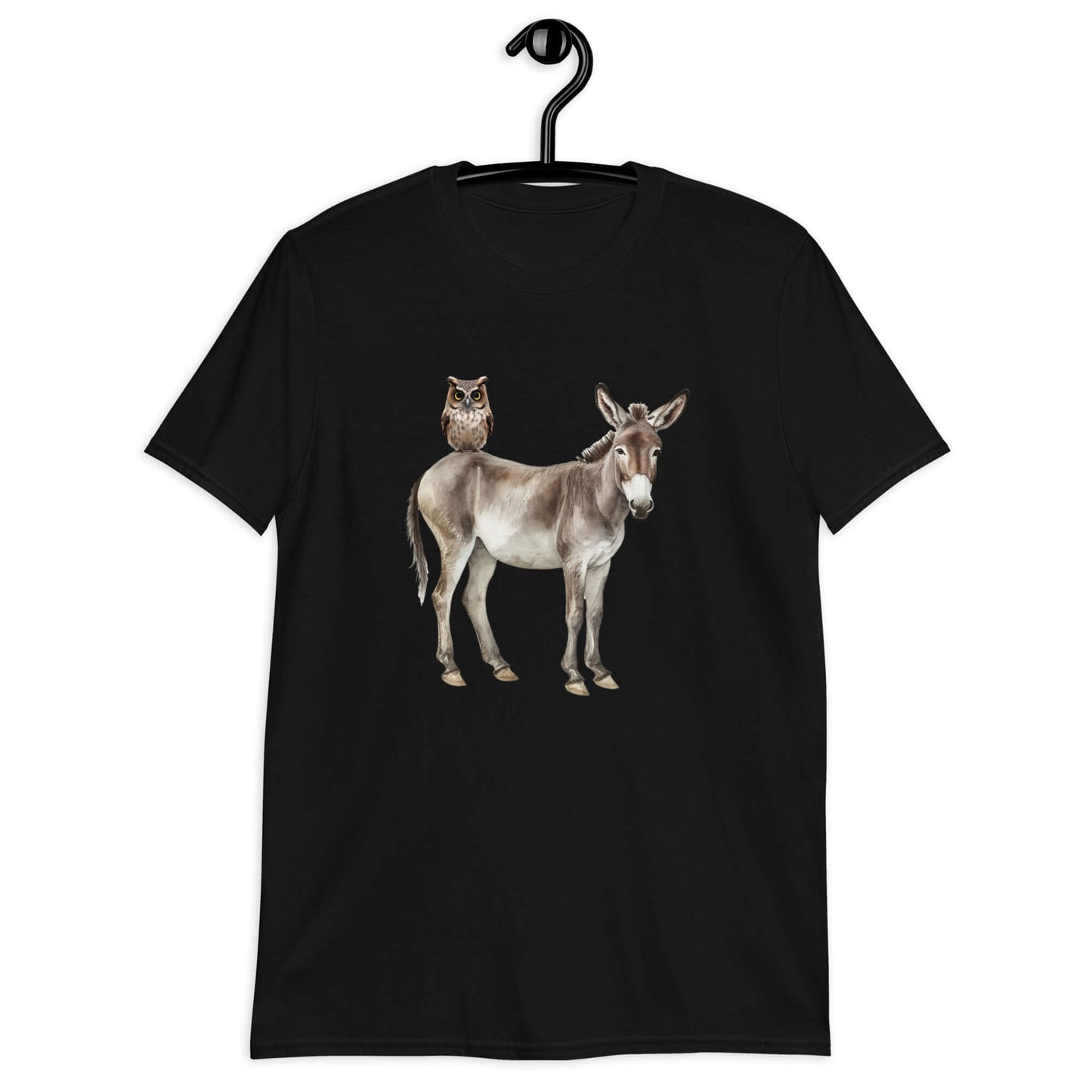 Black t-shirt with an image of a donkey with wise owl sitting on it printed on the front.