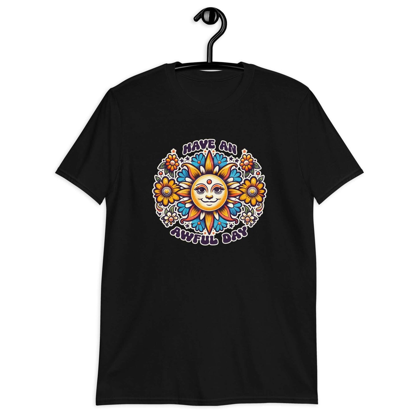 Black t-shirt with a sun graphic and the phrase Have an awful day printed on the front.