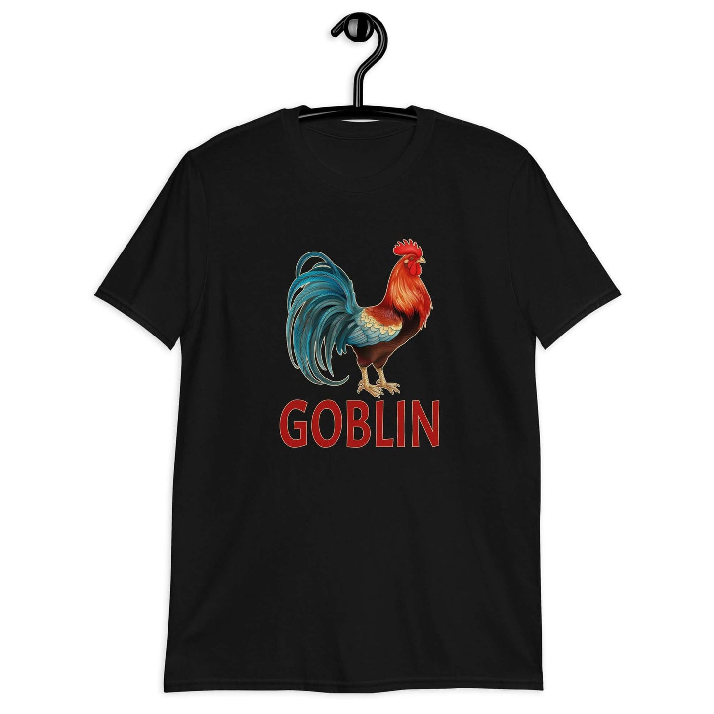 Black t-shirt with an image of a rooster and the word Goblin printed under the rooster. The graphics are printed on the front of the shirt.