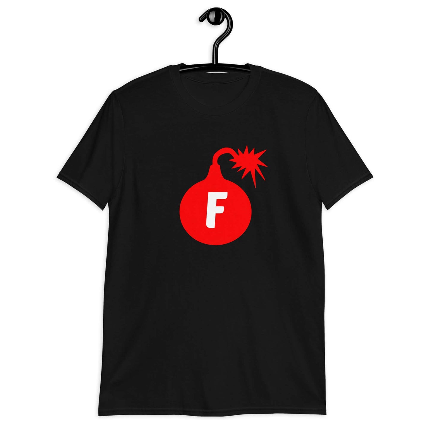 Black t-shirt with an image of a bomb with the letter F printed in the center. The graphics are printed on the front of the shirt.