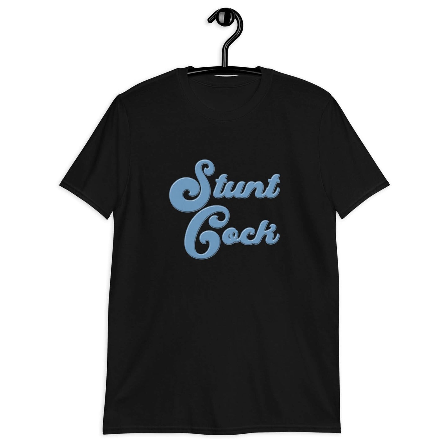 Black t-shirt with the words Stunt Cock printed on the front in blue.