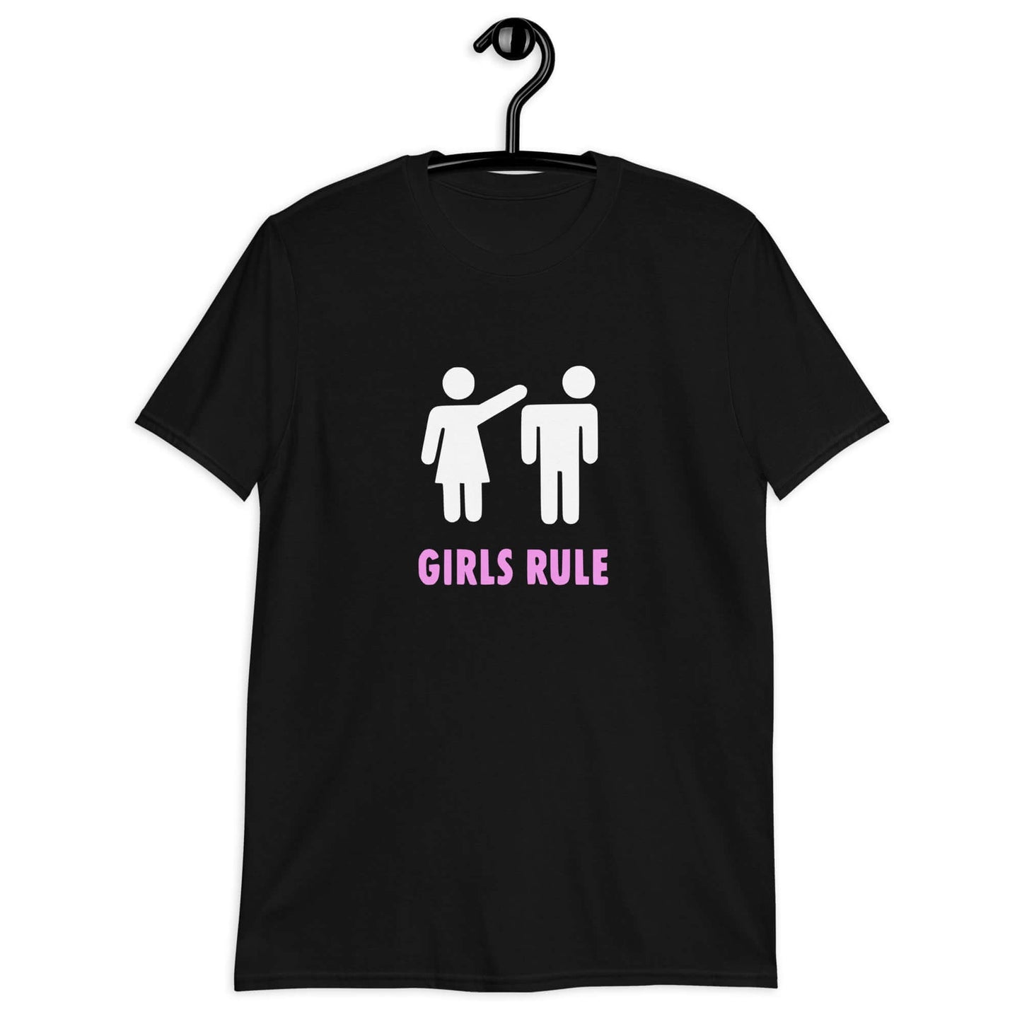 Black t-shirt with an image of a stick figure man and woman. The stick woman is punching the stick mans head off and the words Girls rule is printed beneath in hot pink. The graphics are printed on the front of the shirt.