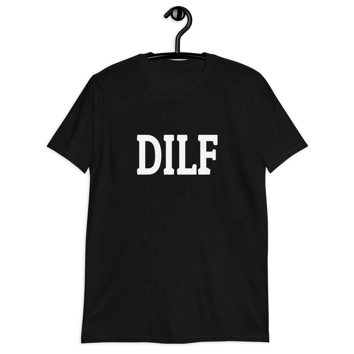 Black t-shirt with the acronym DILF printed on the front.