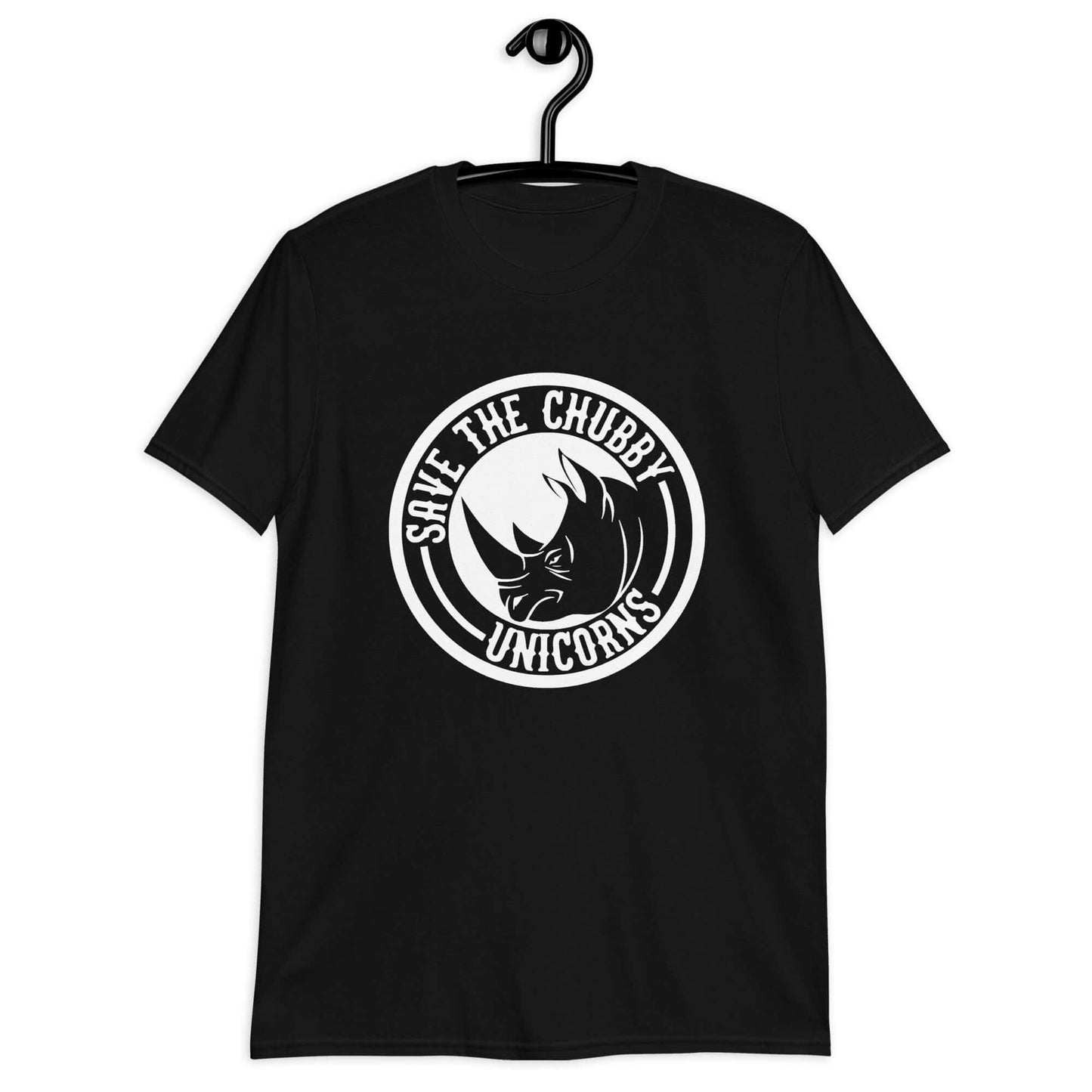 Black t-shirt with a funny graphic of a rhinoceros & the words Save the chubby unicorns printed on the front.