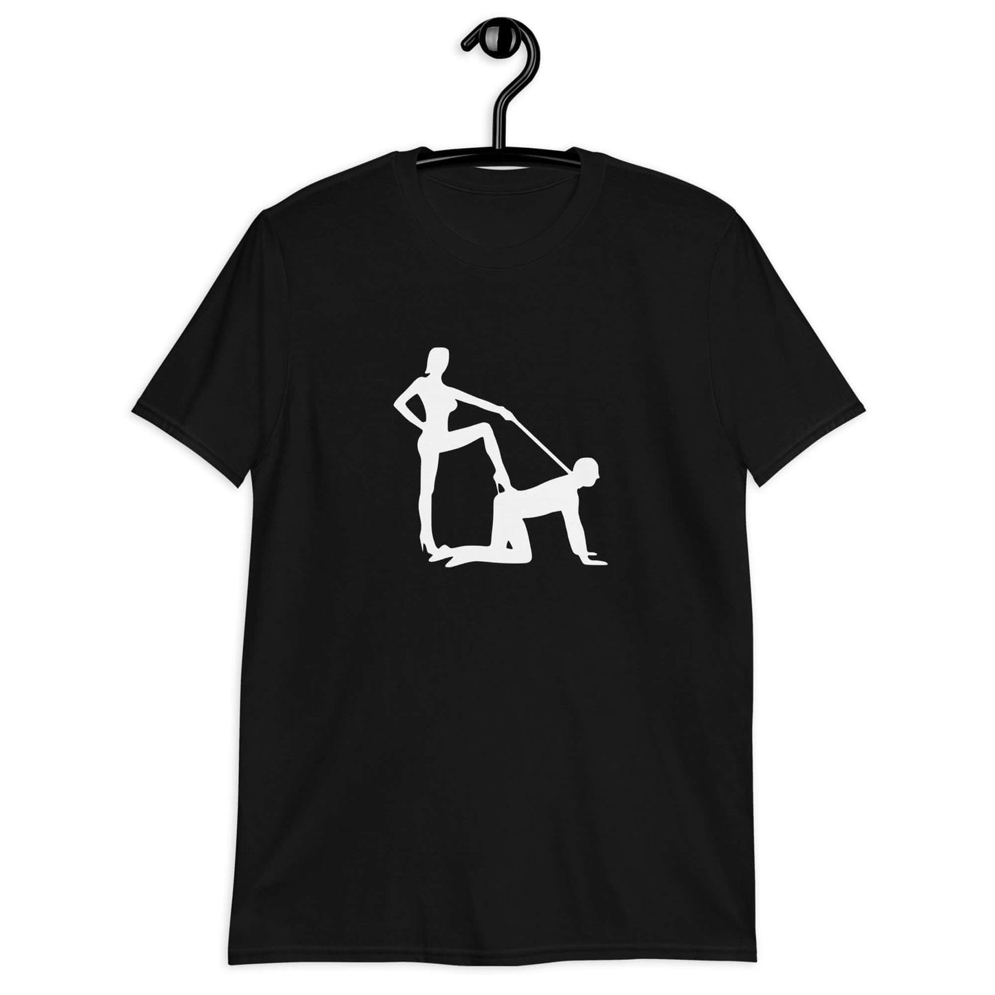 Black t-shirt with the image of a silhouette of a man on his hands and knees and a dominatrix holding his leash printed on the front.