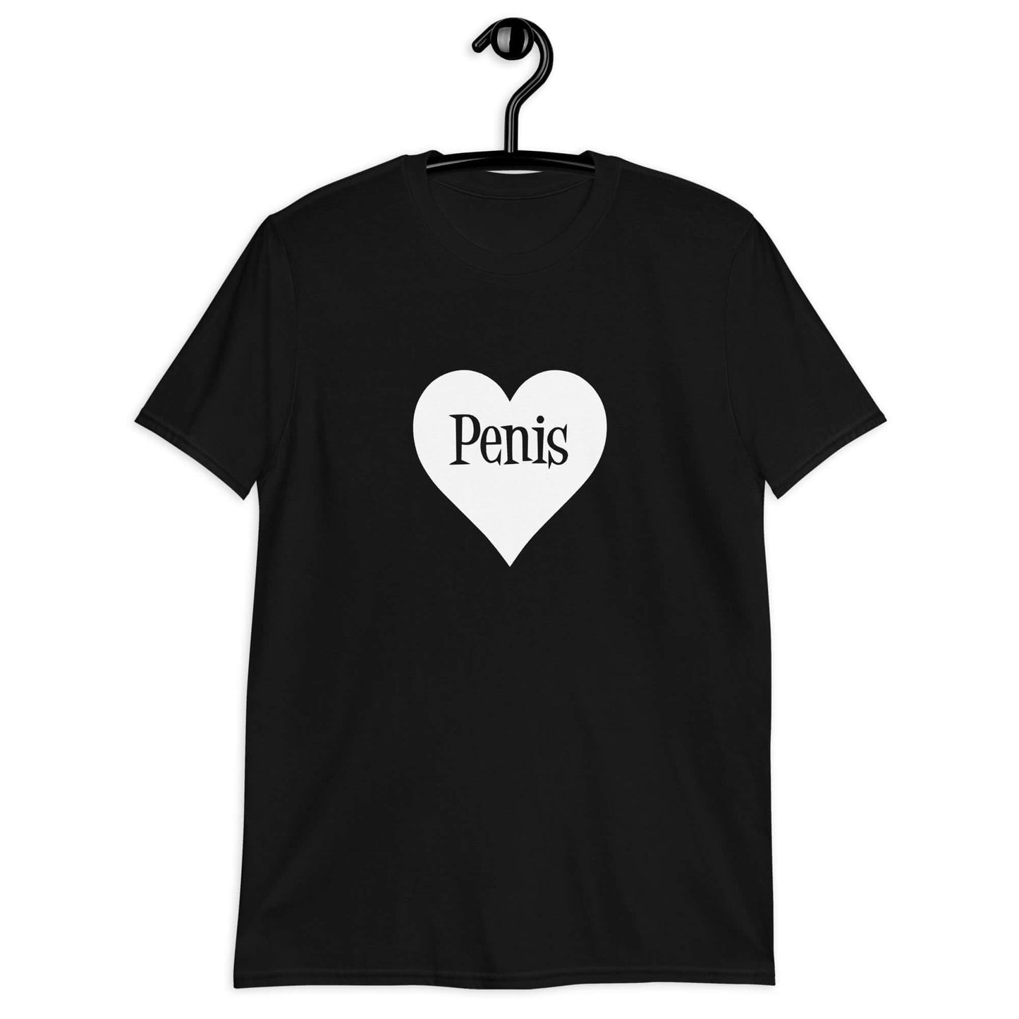 Black t-shirt with a heart image printed on the front. The word penis is inside the heart