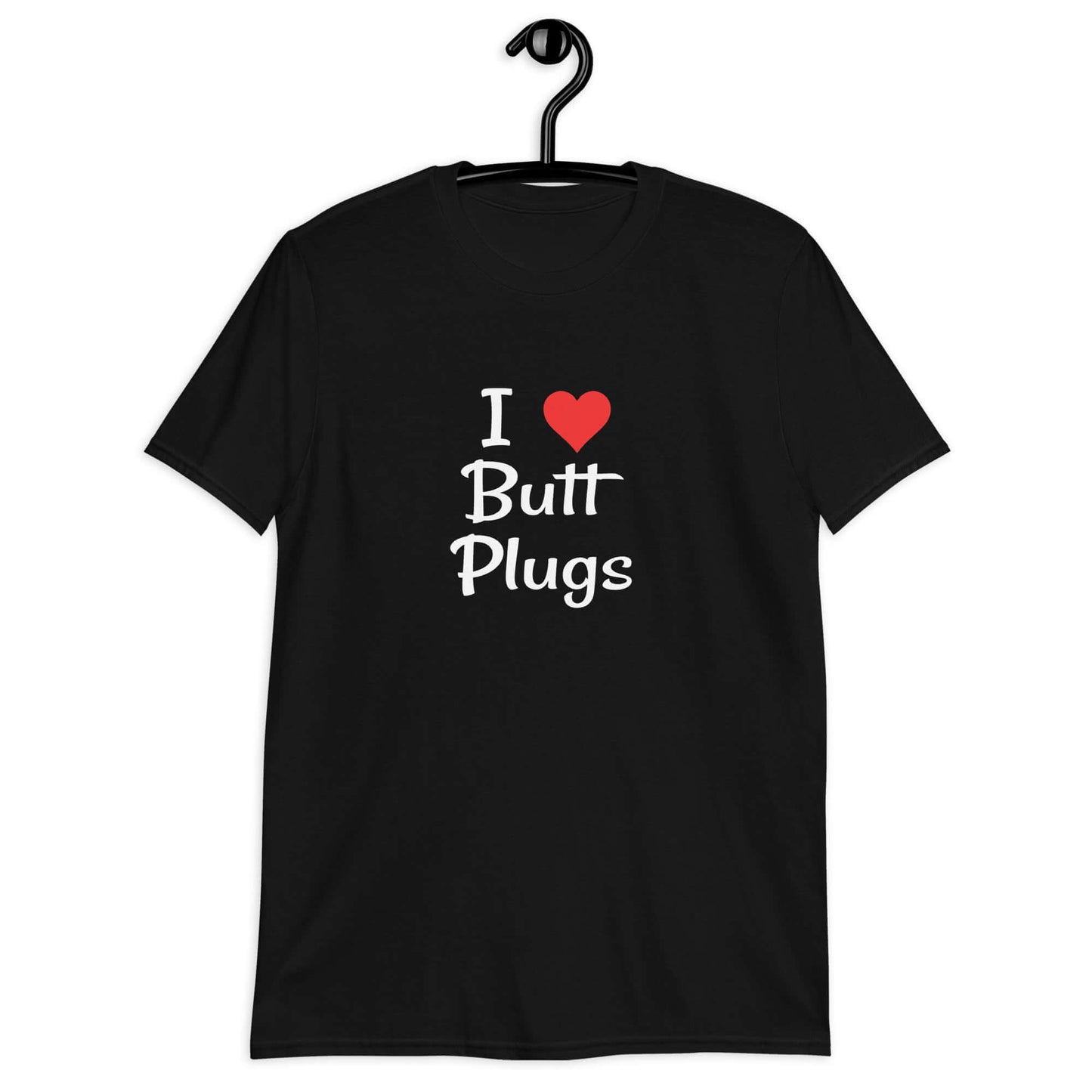 Black t-shirt with I heart butt plugs printed on the front.