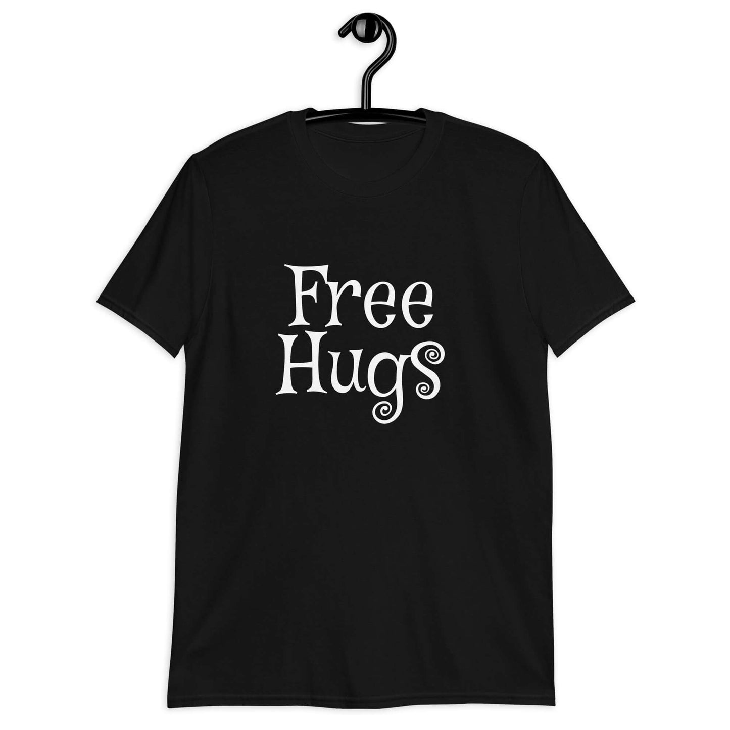Black t-shirt with the words Free Hugs printed on the front.