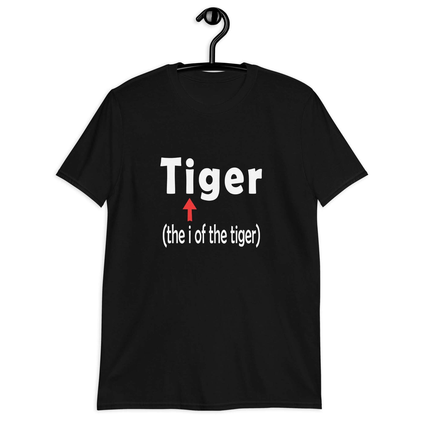 Black t-shirt with the word Tiger and in smaller letters it says the I of the tiger with an arrow pointing to the letting I in the word tiger. The graphics are printed on the front of the shirt.