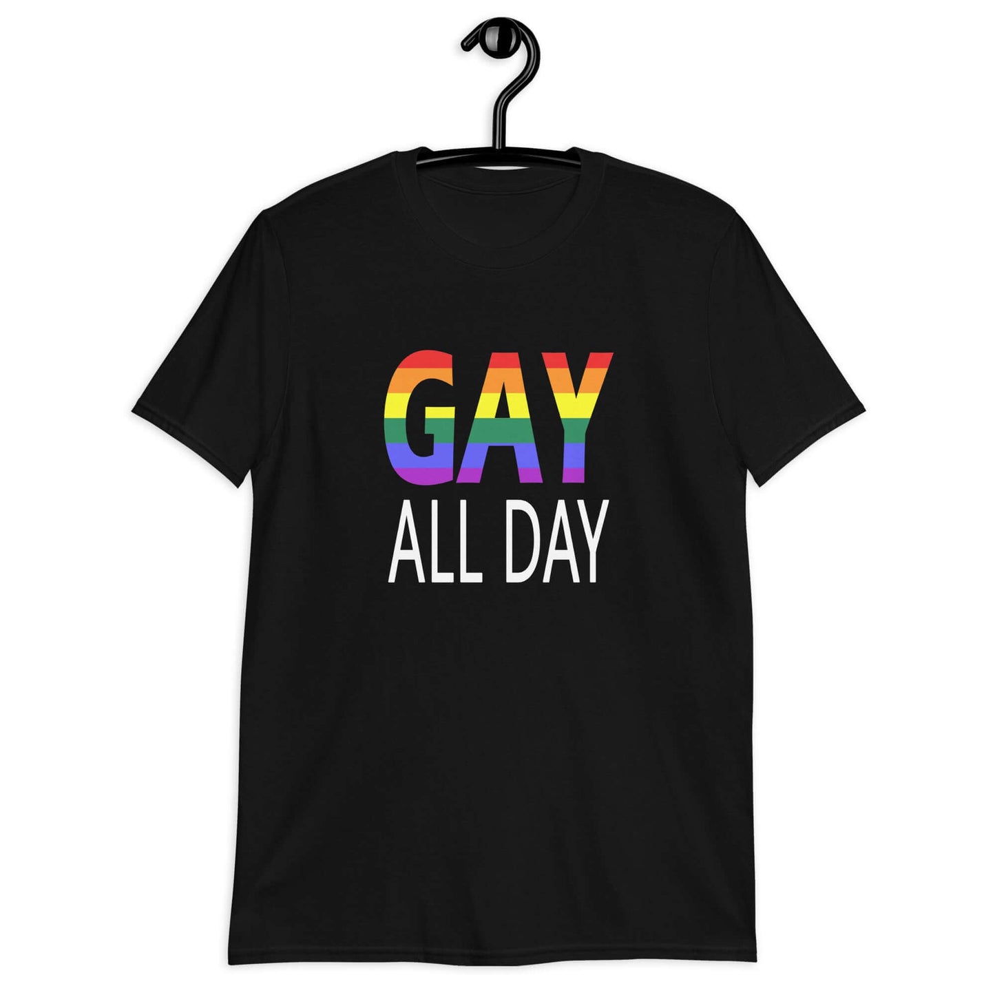Black t-shirt with the words Gay all day printed on the front. The word Gay is in rainbow stripe font.