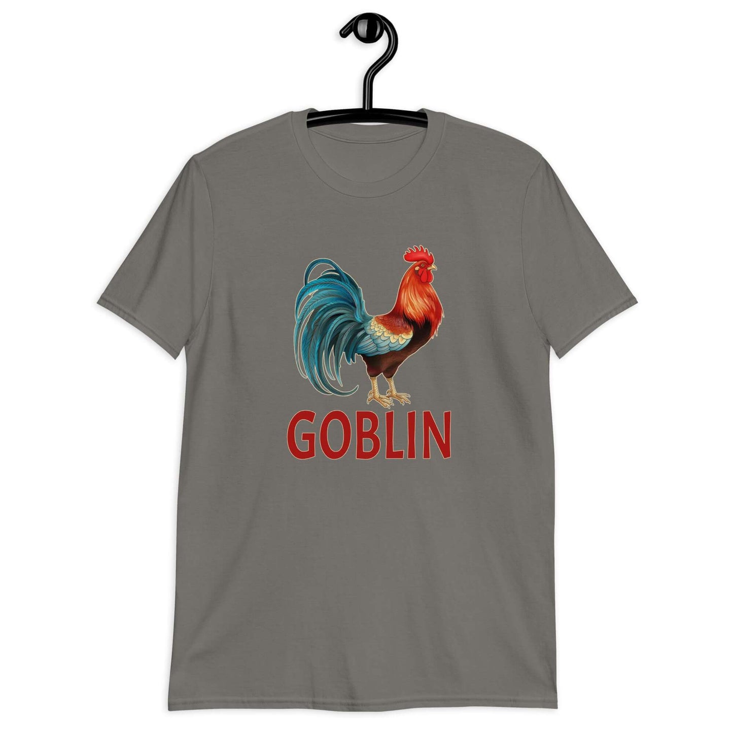 Charcoal grey t-shirt with an image of a rooster and the word Goblin printed under the rooster. The graphics are printed on the front of the shirt.