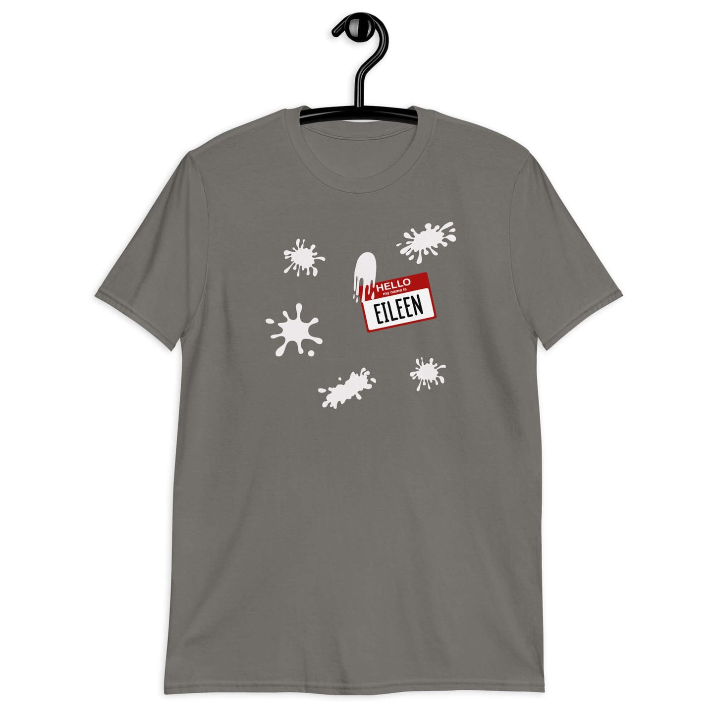 Charcoal grey t-shirt with Eileen name tag and white splatters printed on the front.