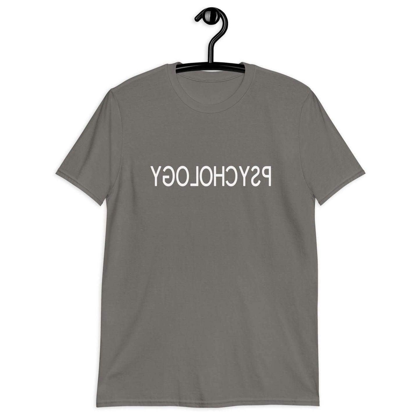 Charcoal t-shirt with the word Psychology printed in reverse on the front.