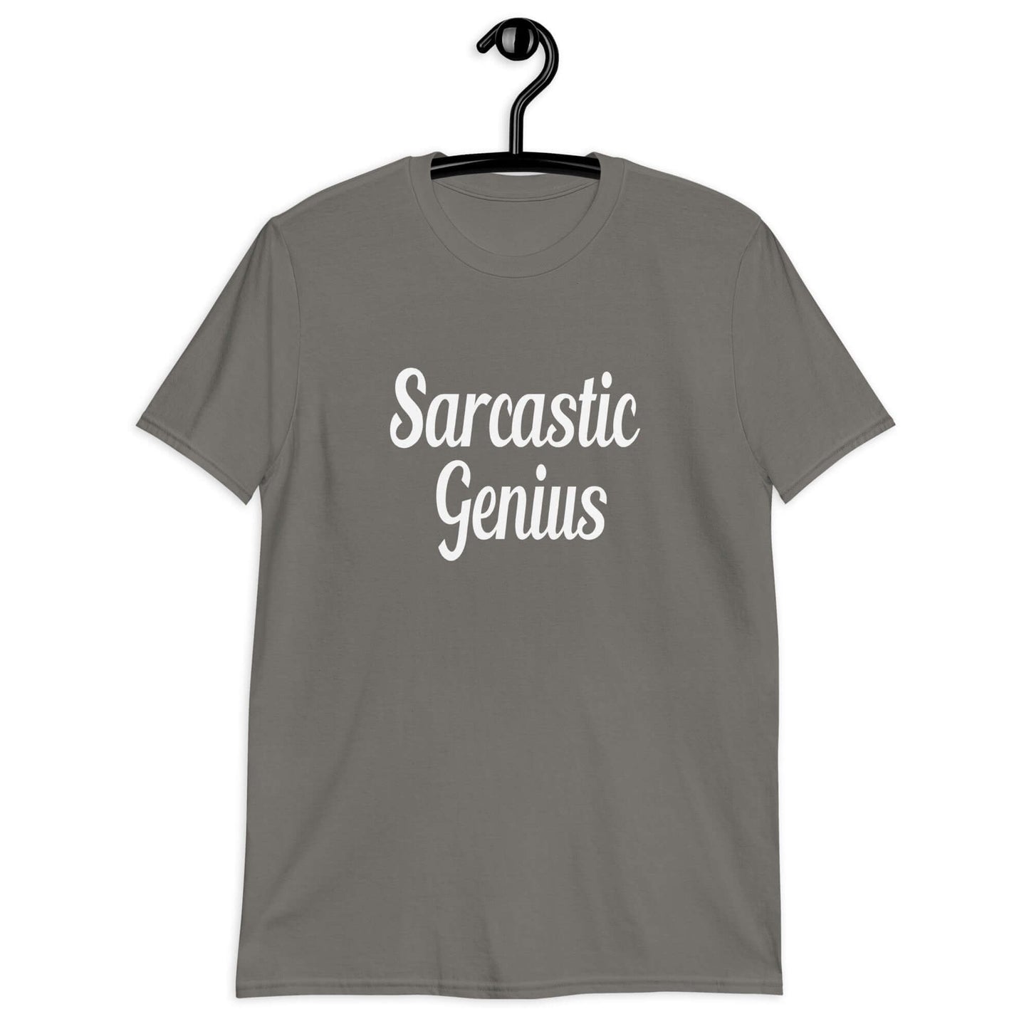 Charcoal t-shirt with the words Sarcastic Genius printed on the front.