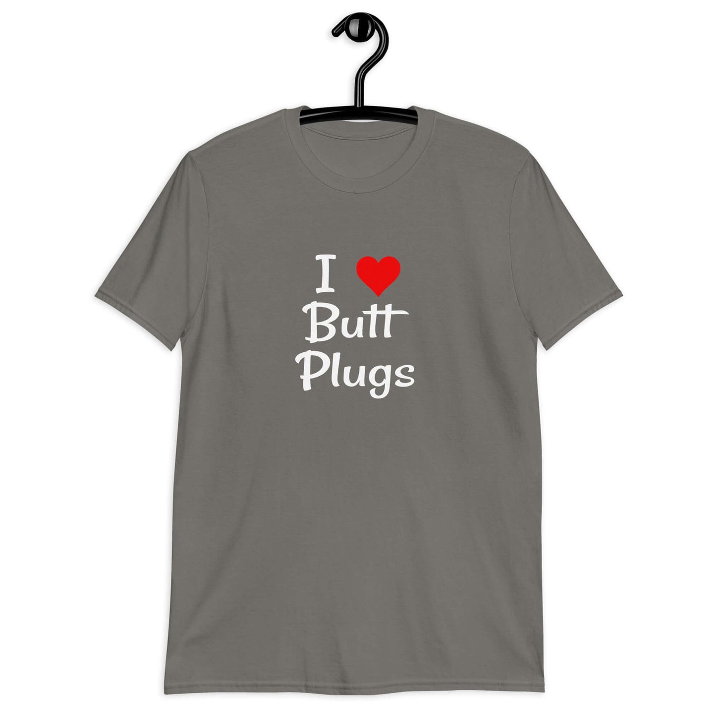 Charcoal t-shirt with I heart butt plugs printed on the front.