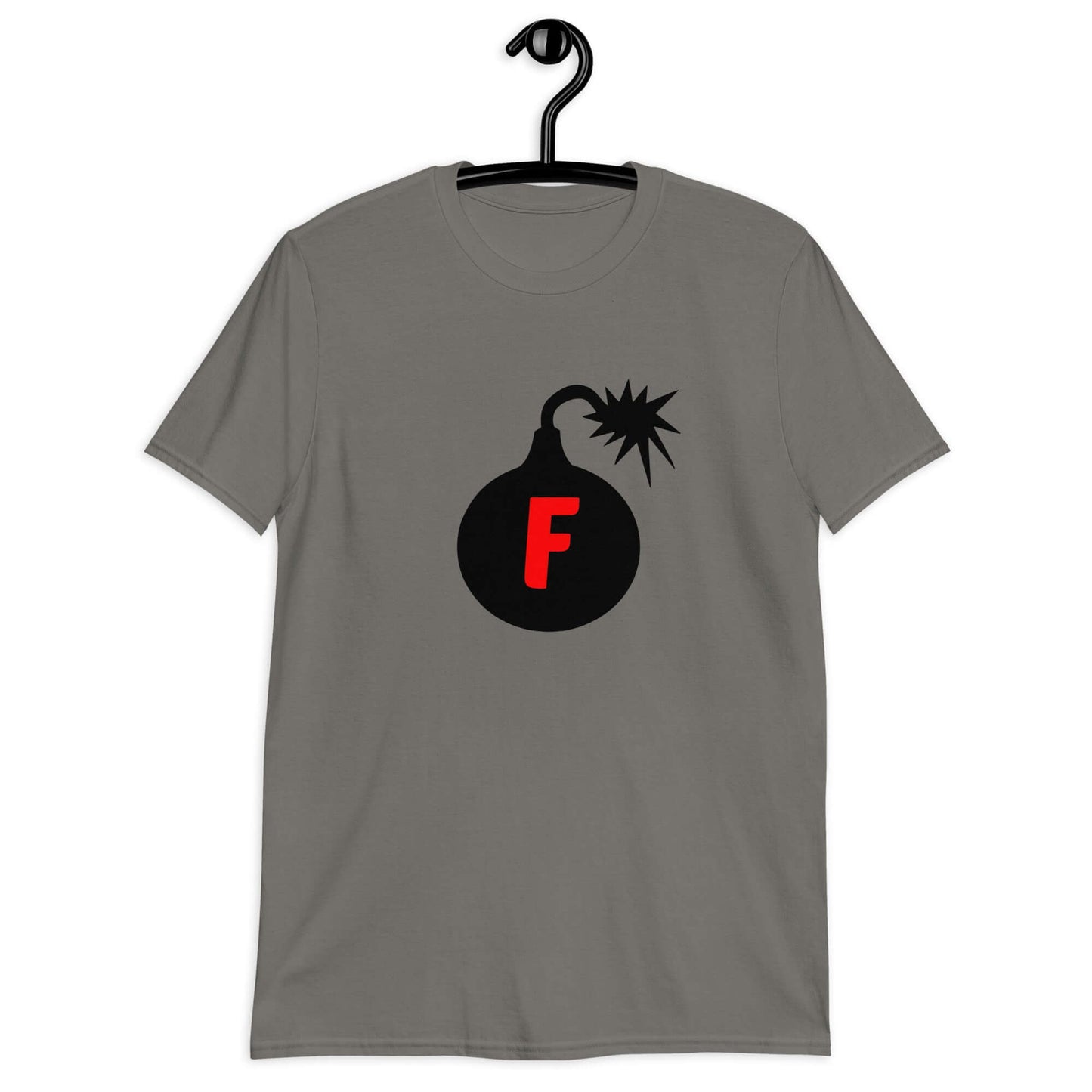 Charcoal t-shirt with an image of a bomb with the letter F printed in the center. The graphics are printed on the front of the shirt.