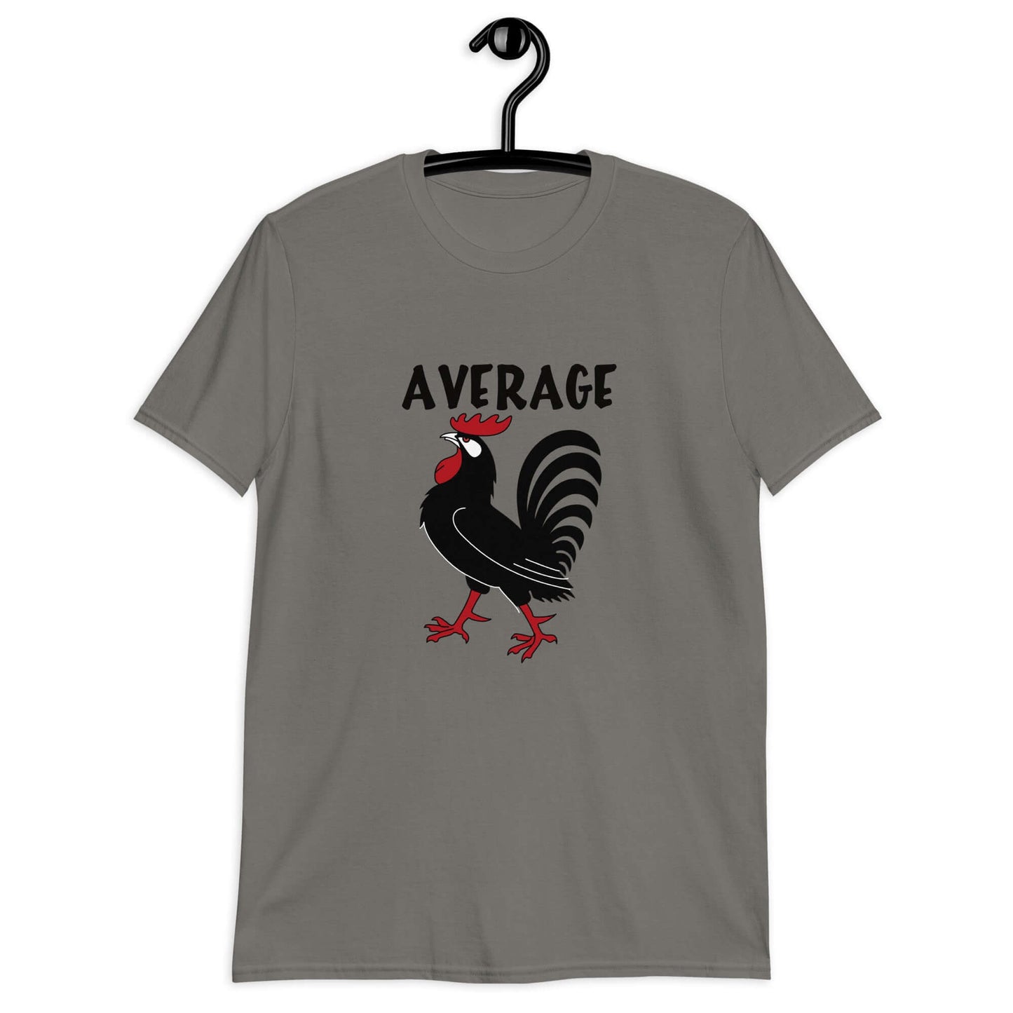 Charcoal grey t-shirt with image of a rooster with the word Average printed above.