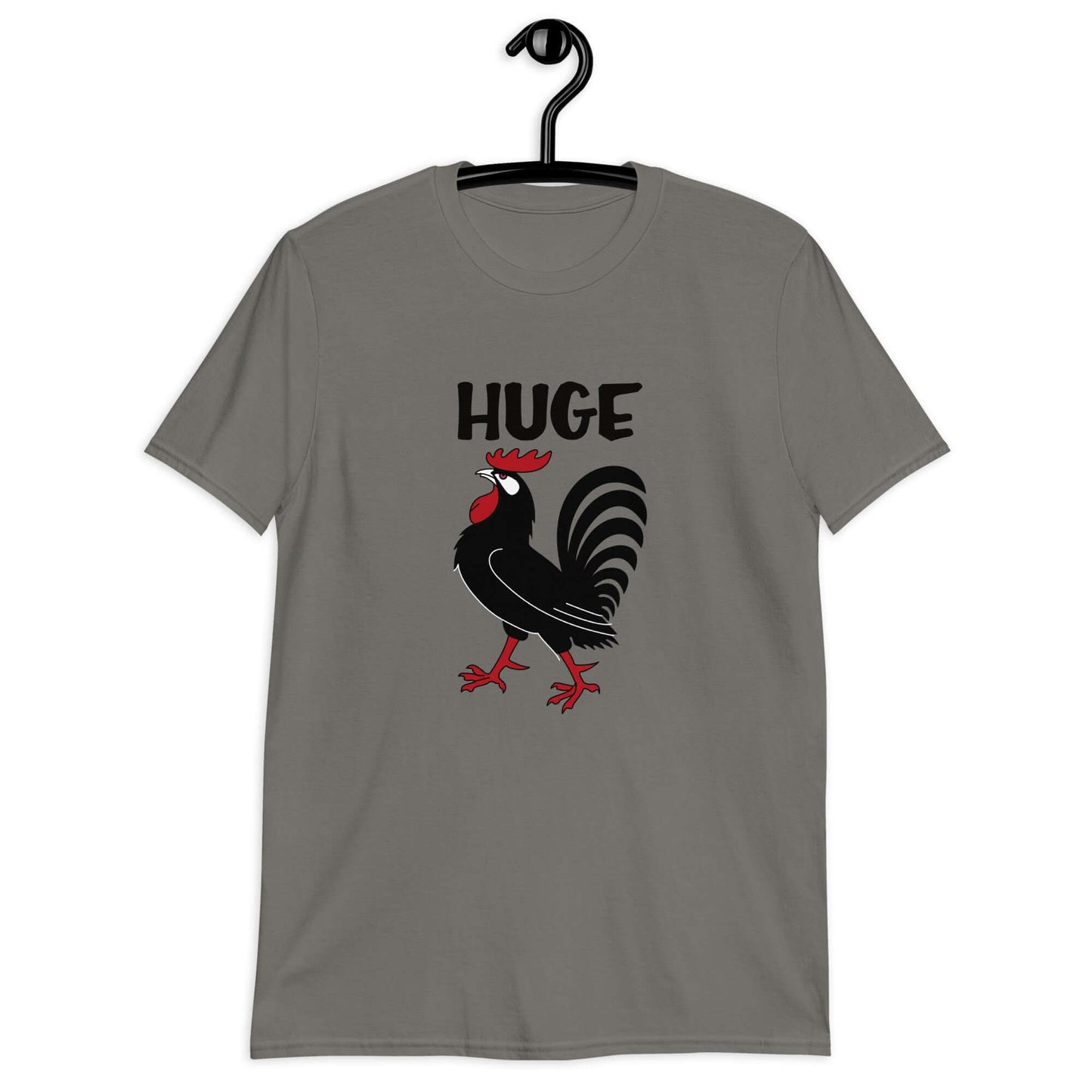 Charcoal grey t-shirt with an image of a rooster and the word Huge above the rooster printed on the front.