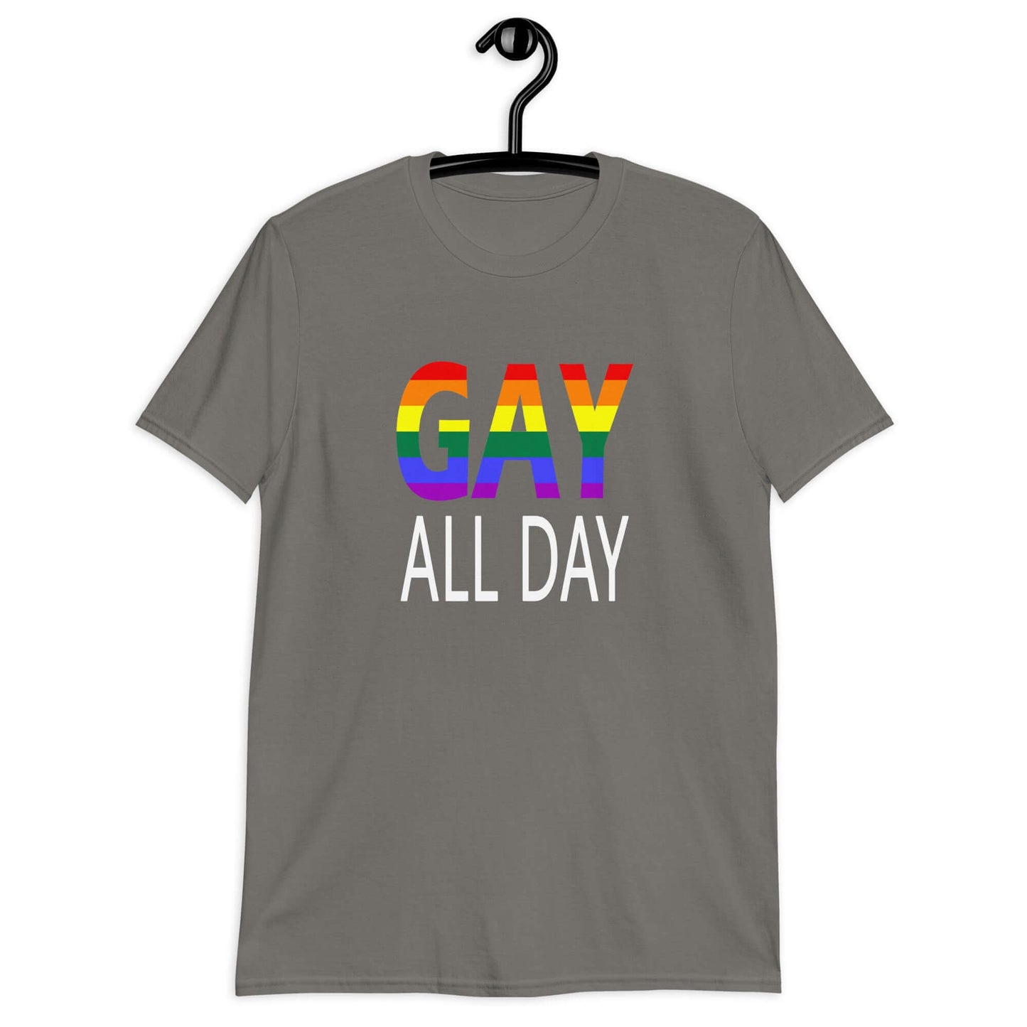 Charcoal grey t-shirt with the words Gay all day printed on the front. The word Gay is in rainbow stripe font.