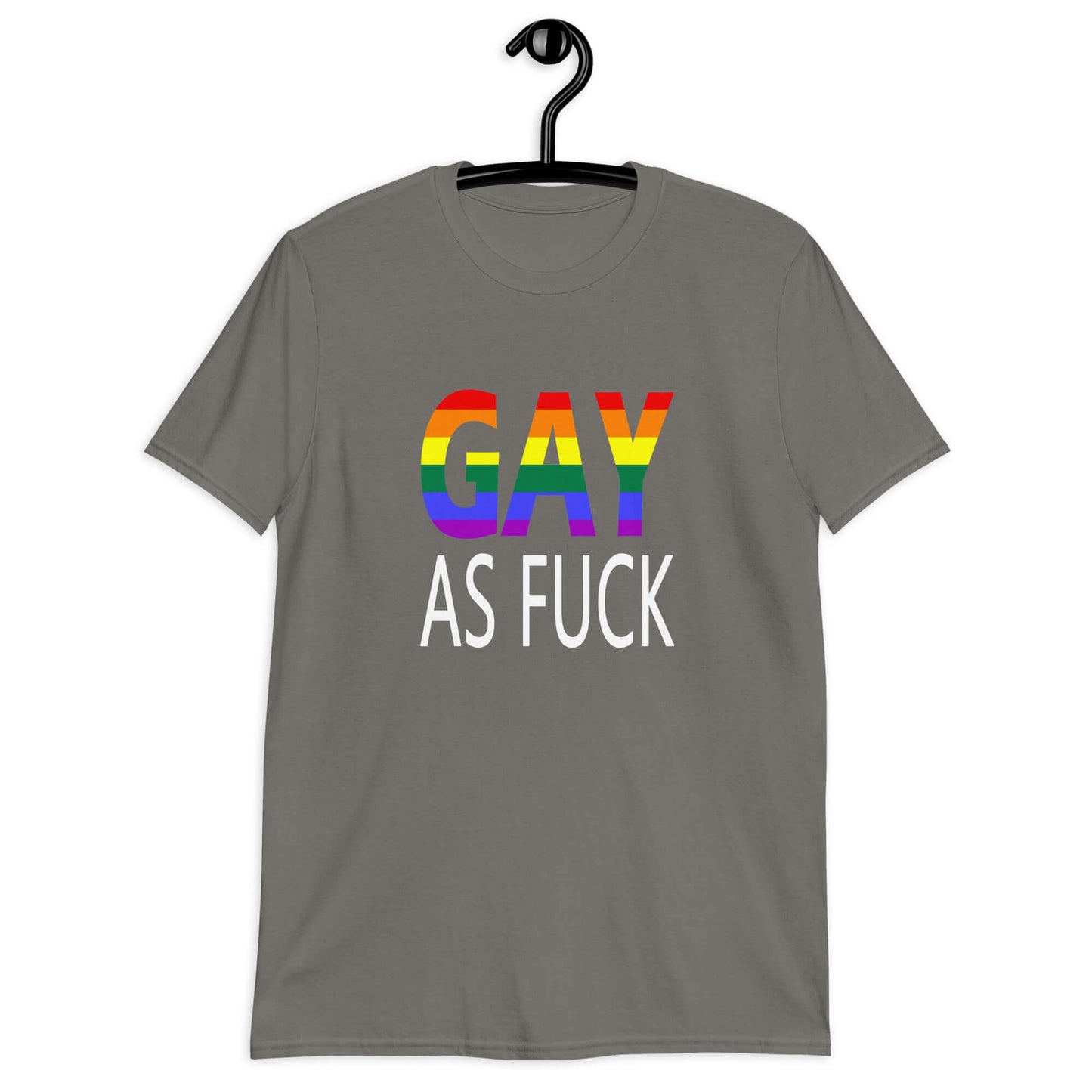 Charcoal grey t-shirt with the words Gay as fuck printed on the front. The word Gay is in rainbow stripe font.