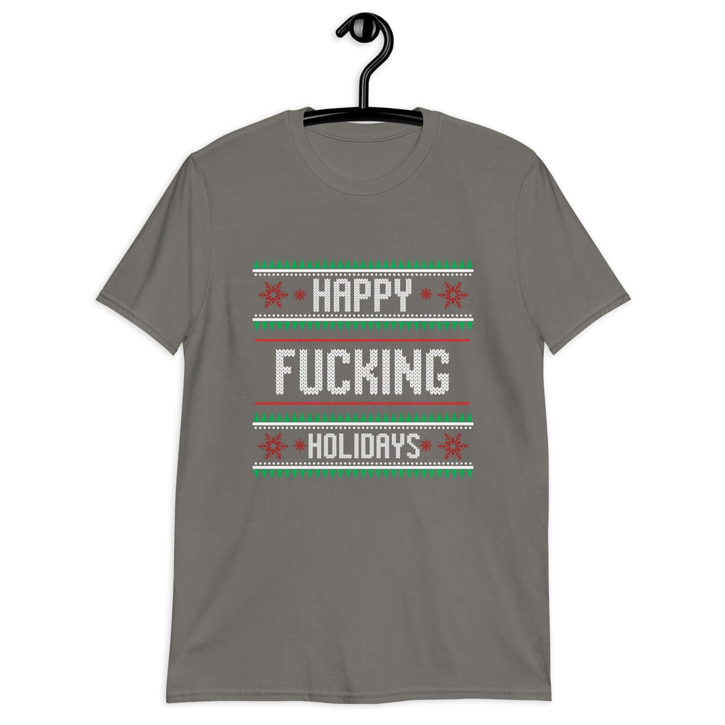 Charcoal t-shirt with the phrase Happy fucking holidays printed on the front. The graphics are printed like a knitted Christmas sweater.