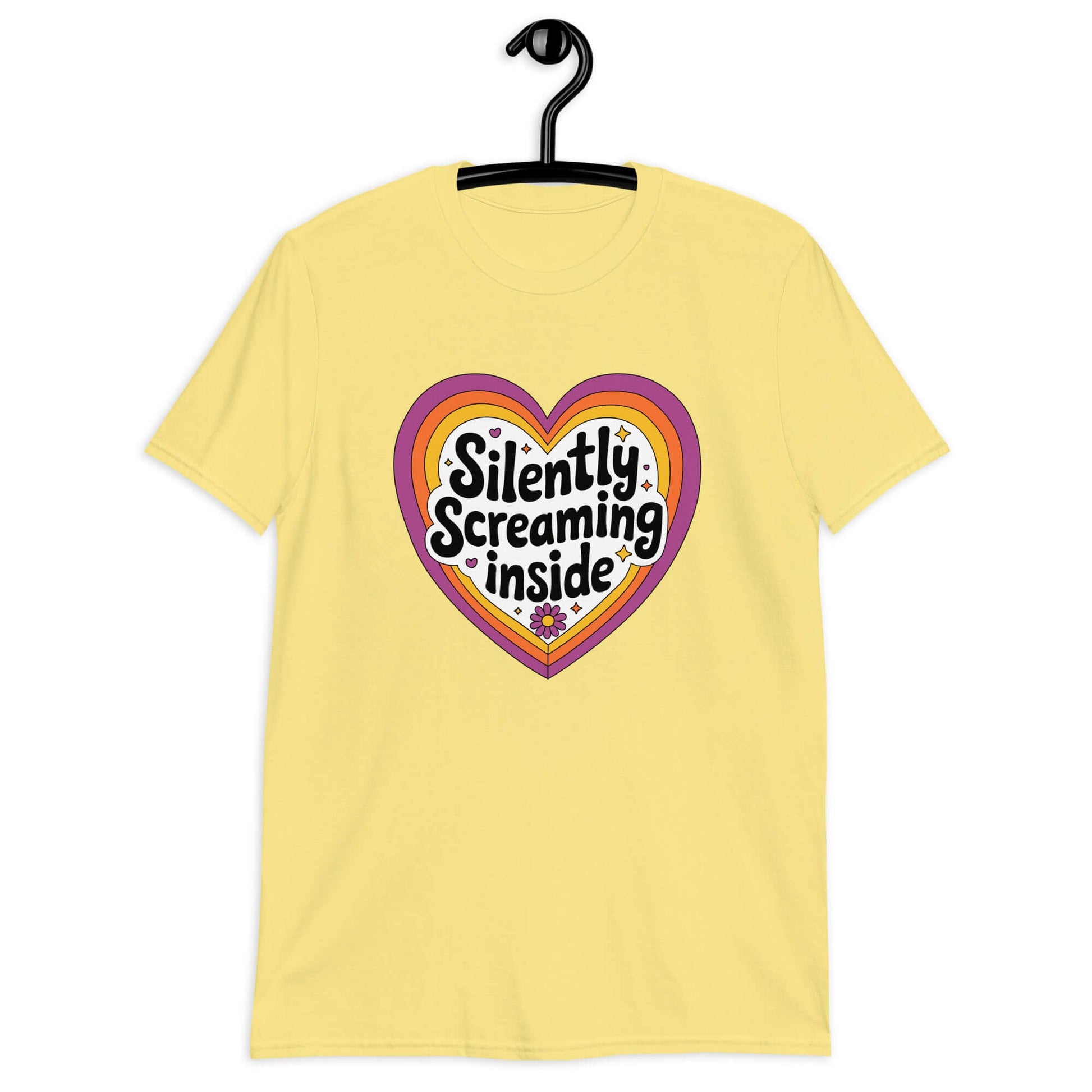 Cornsilk yellow t-shirt with a graphic that says Silently screaming inside. The graphics are printed on the front of the shirt.