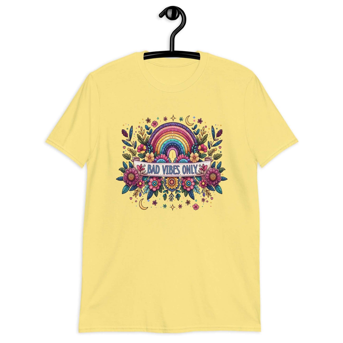 Cornsilk yellow t-shirt with a colorful boho rainbow floral design and the phrase Bad Vibes Only printed on the front.