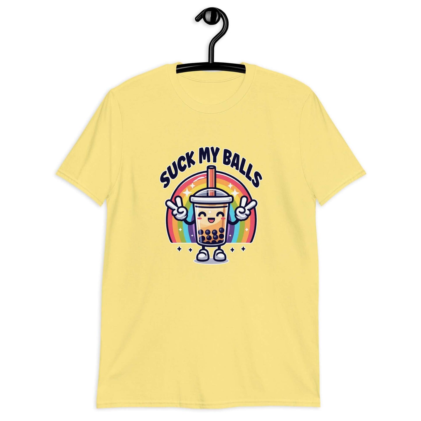 Cornsilk yellow t-shirt with graphics of a rainbow and a smiling boba bubble tea. The bubble tea has arms and legs. The phrase Suck my balls is printed above the rainbow. The graphics are on the front of the shirt.