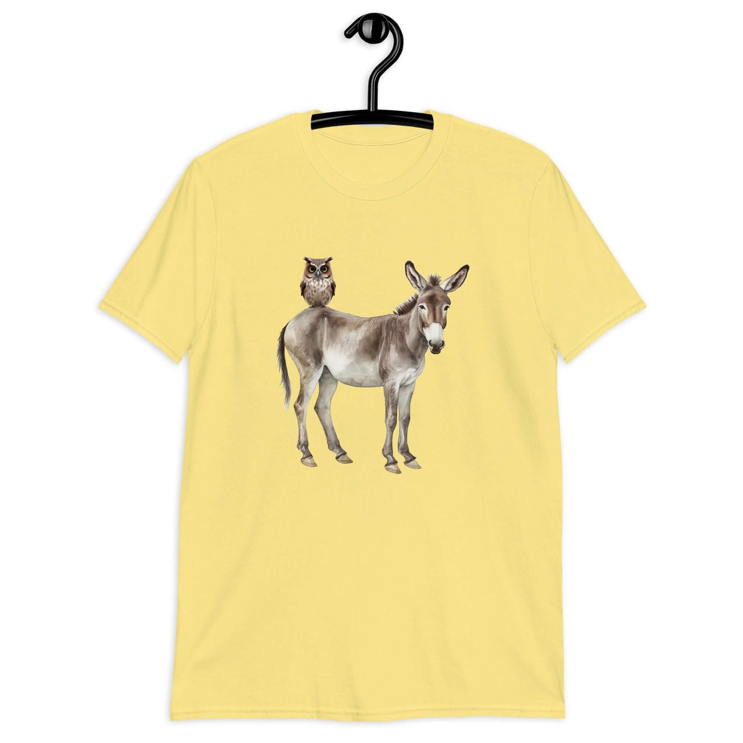 Cornsilk yellow t-shirt with an image of a donkey with wise owl sitting on it printed on the front.
